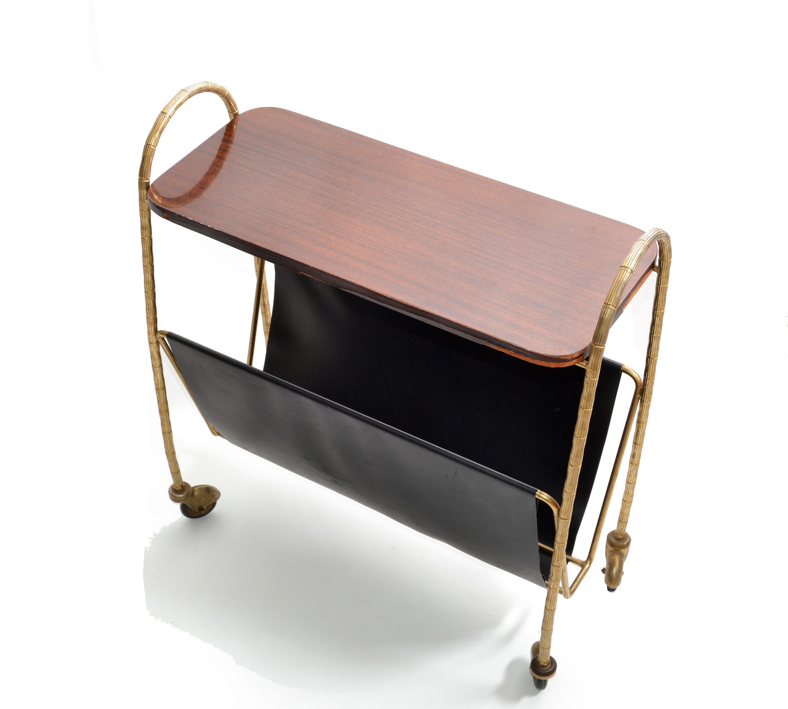 Mid-20th Century Maison Baguès French Bronze, Leather & Laminated Wood Magazine Rack on Casters For Sale