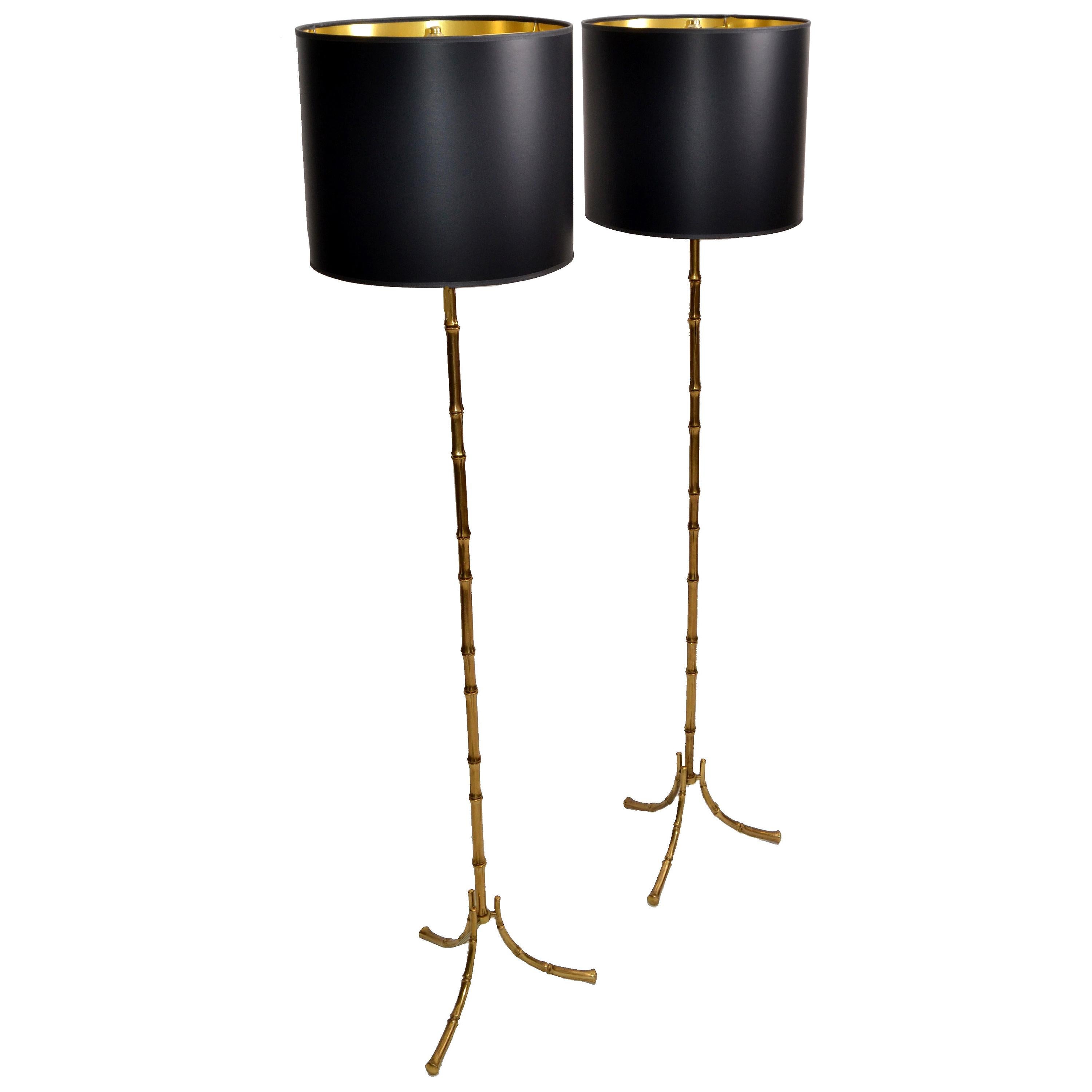 Maison Baguès French Hollywood Regency Bronze Faux Bamboo Floor Lamp 1960 - Pair For Sale