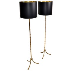 Retro Maison Baguès French Hollywood Regency Bronze Faux Bamboo Floor Lamp 1960 - Pair