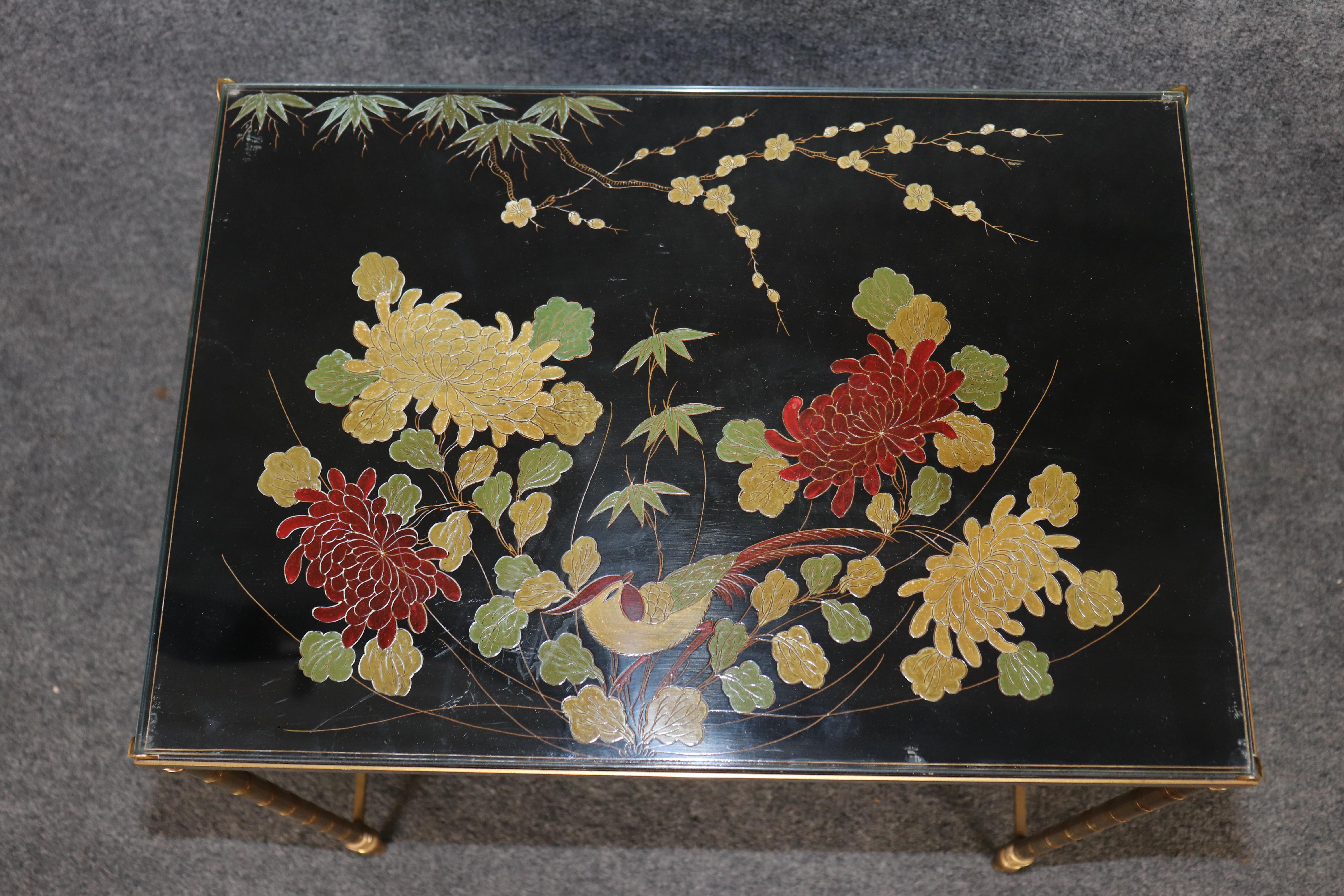 Hollywood Regency Maison Bagues French Made Faux Bamboo Chinoiserie Brass Nesting Tables For Sale