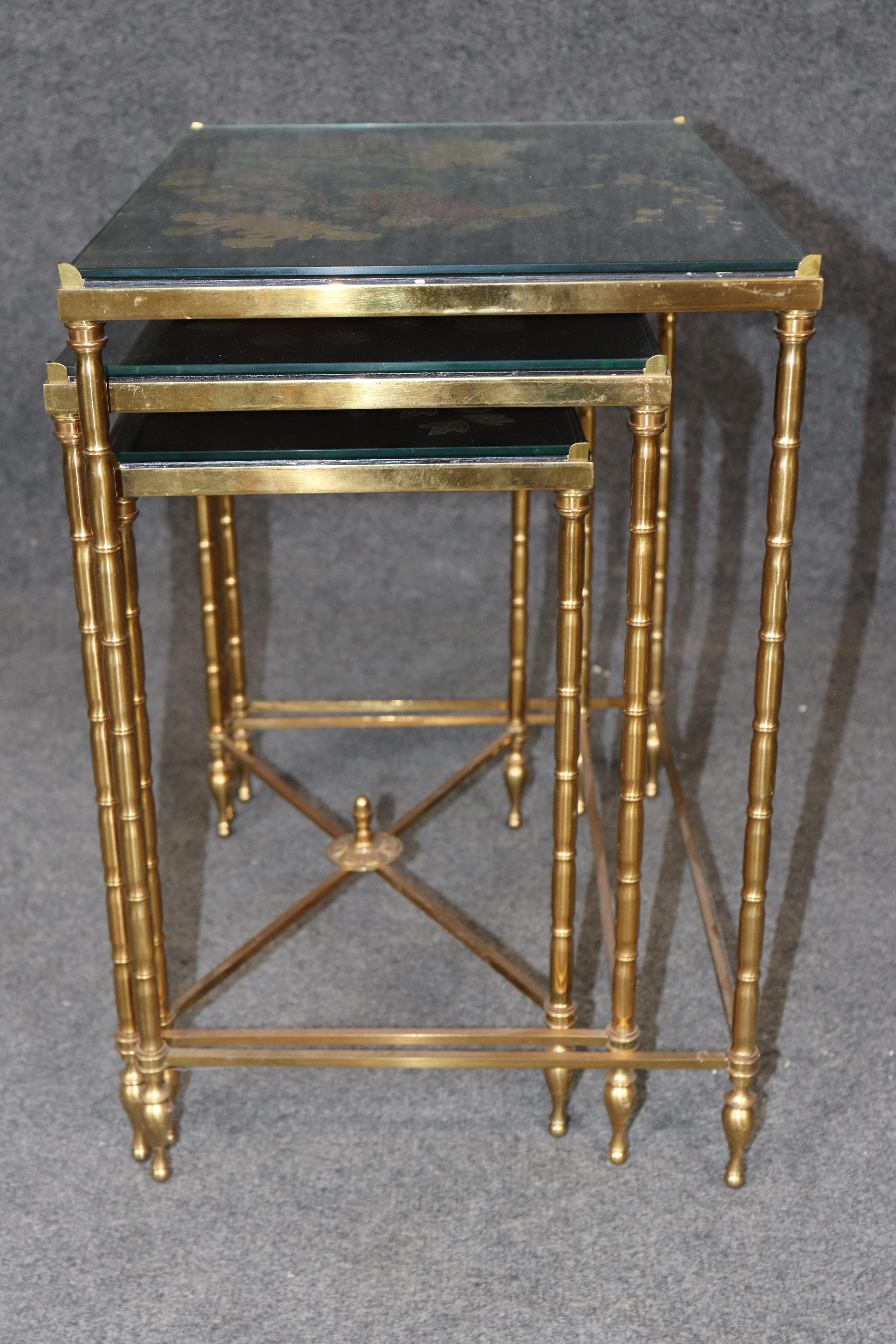 Mid-20th Century Maison Bagues French Made Faux Bamboo Chinoiserie Brass Nesting Tables For Sale
