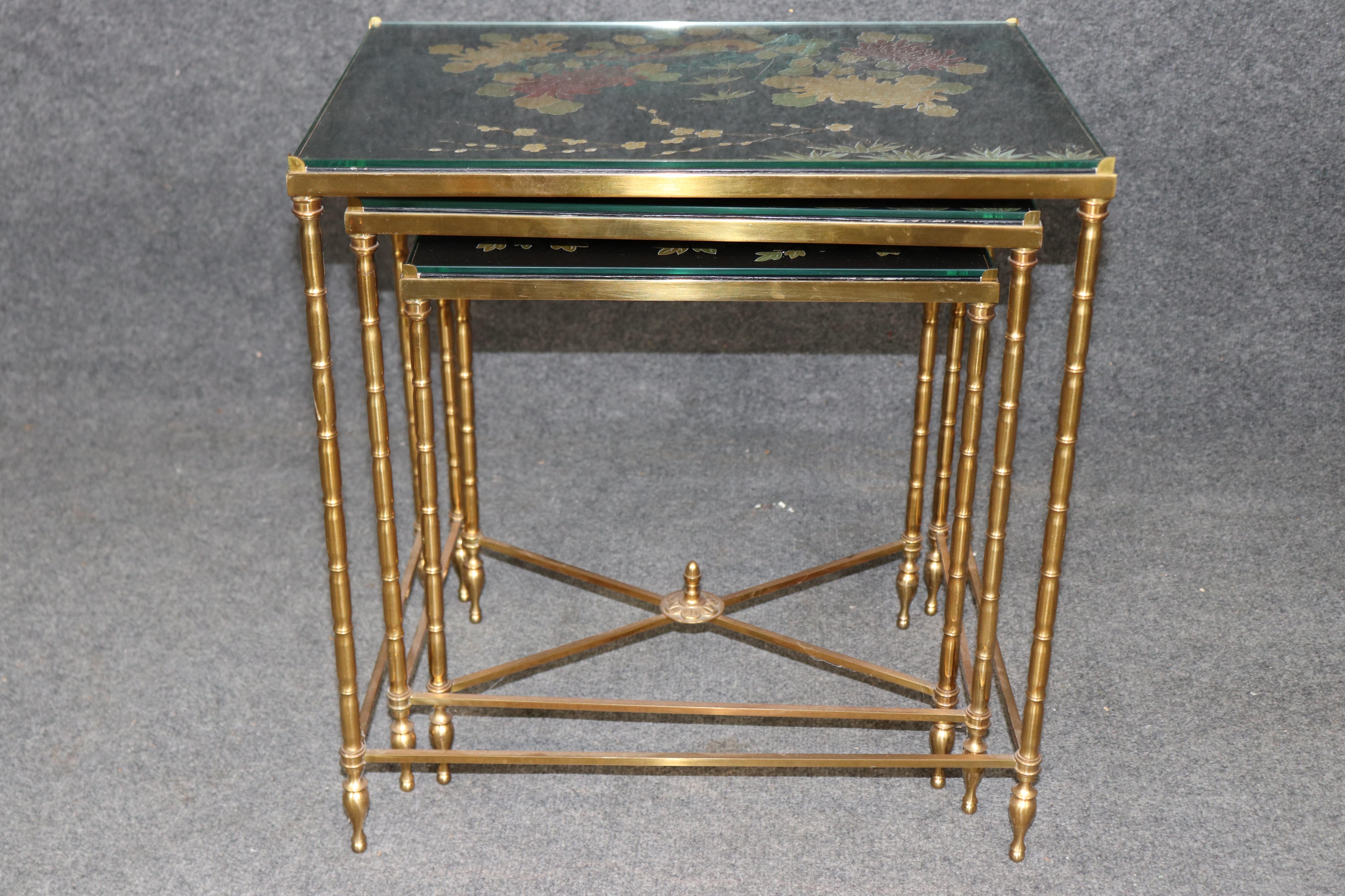 Maison Bagues French Made Faux Bamboo Chinoiserie Brass Nesting Tables For Sale 1