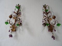 Maison Bagues French Murano Glass Fruit Crystal Grapes Tole Sconces, circa 1930