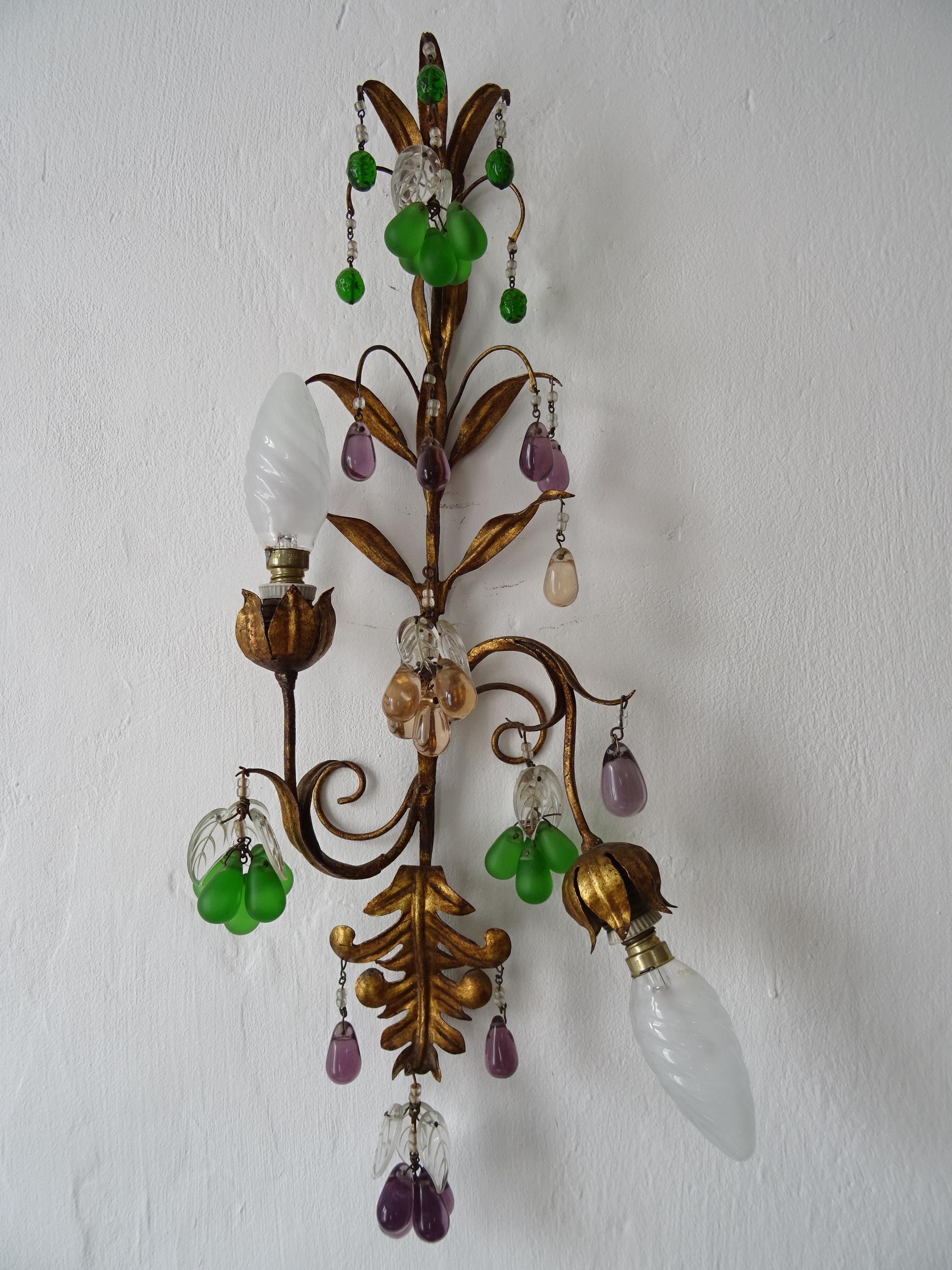 Maison Bagues French Murano Glass Fruit Crystal Grapes Tole Sconces, circa 1930 1