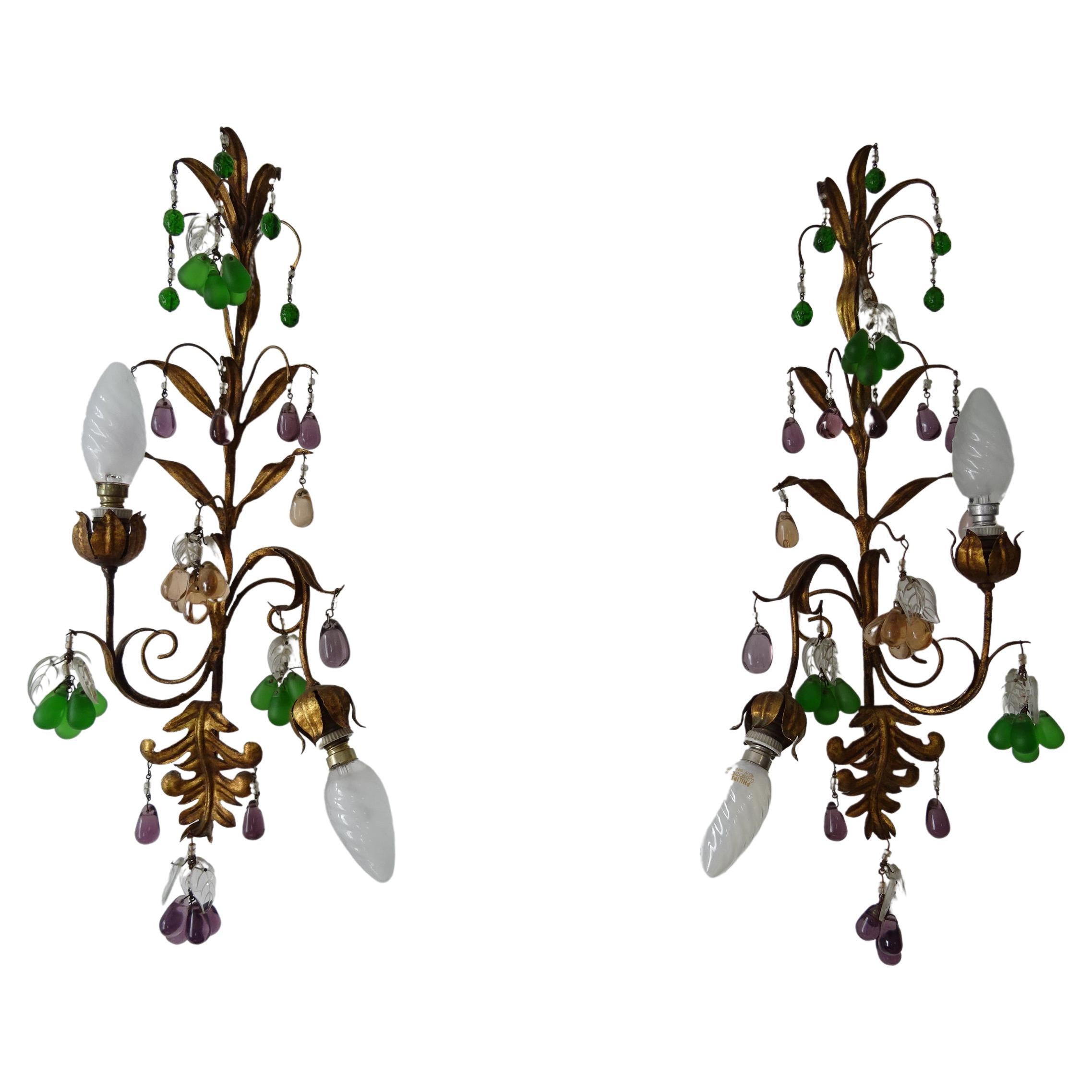 Maison Bagues French Murano Glass Fruit Crystal Grapes Tole Sconces, circa 1930