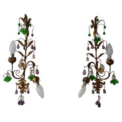 Maison Bagues French Murano Glass Fruit Crystal Grapes Tole Sconces, circa 1930