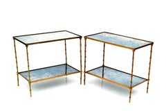 Maison Baguès French Neoclassical Brass & Mirrored Glass 2-Tier Side Table, Pair