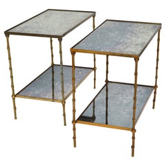 Maison Baguès French Neoclassical Brass & Mirrored Glass 2-Tier Side Table, Pair