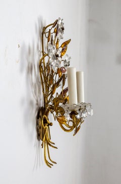 Maison Baguès Style Gilded 2-Light Amber Crystal Leaves & Flower Bouquet Sconce