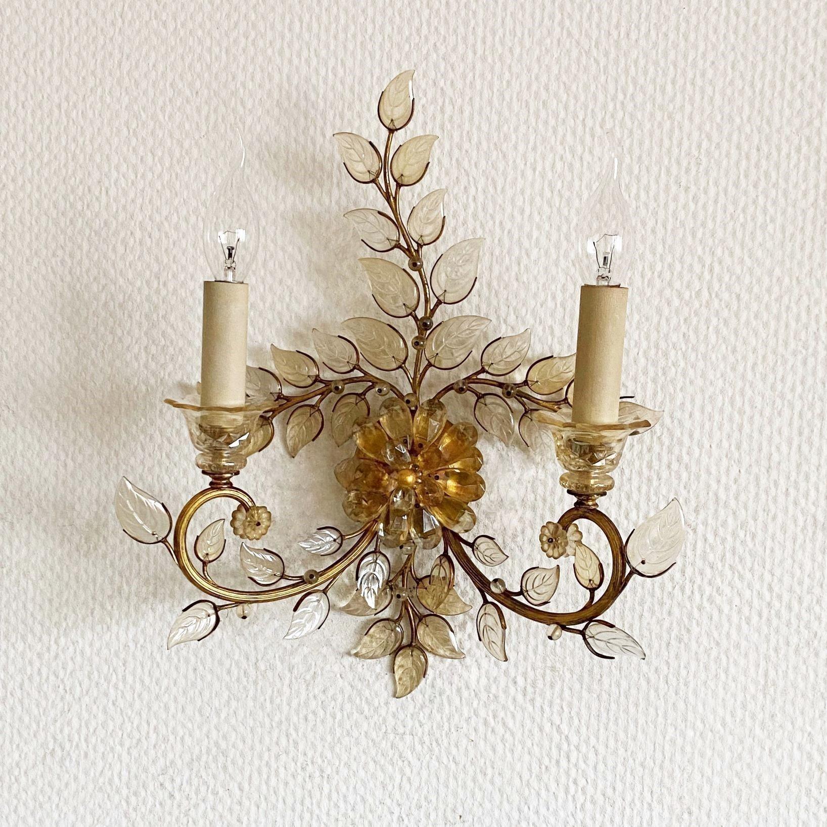 French Maison Baguès Crystal Glass Brass Two-Light Wall Sconce, France, 1950s For Sale