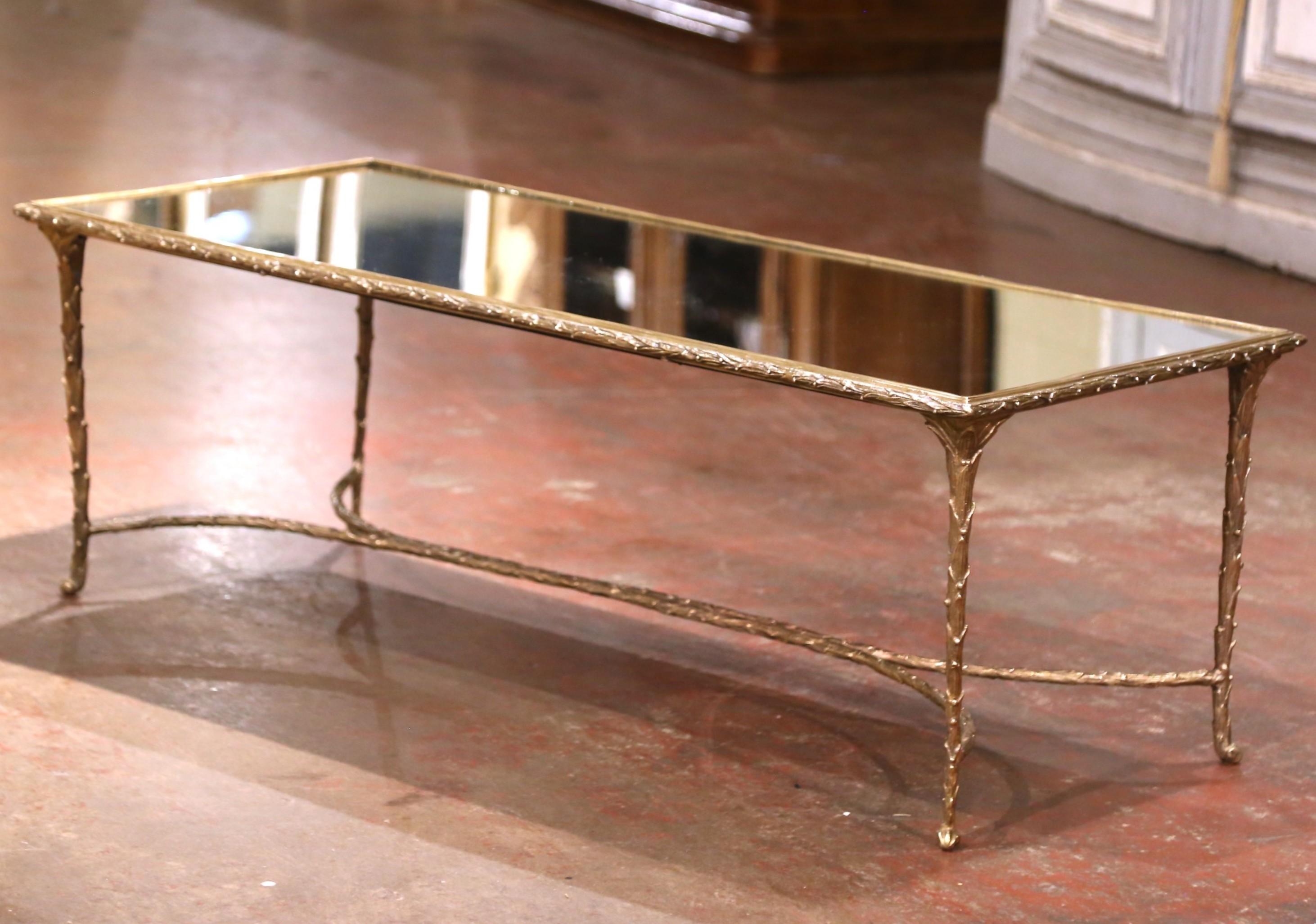 Maison Baguès Gilt Bronze Coffee Table with Mirrored Glass Top, circa 1950 In Excellent Condition For Sale In Dallas, TX