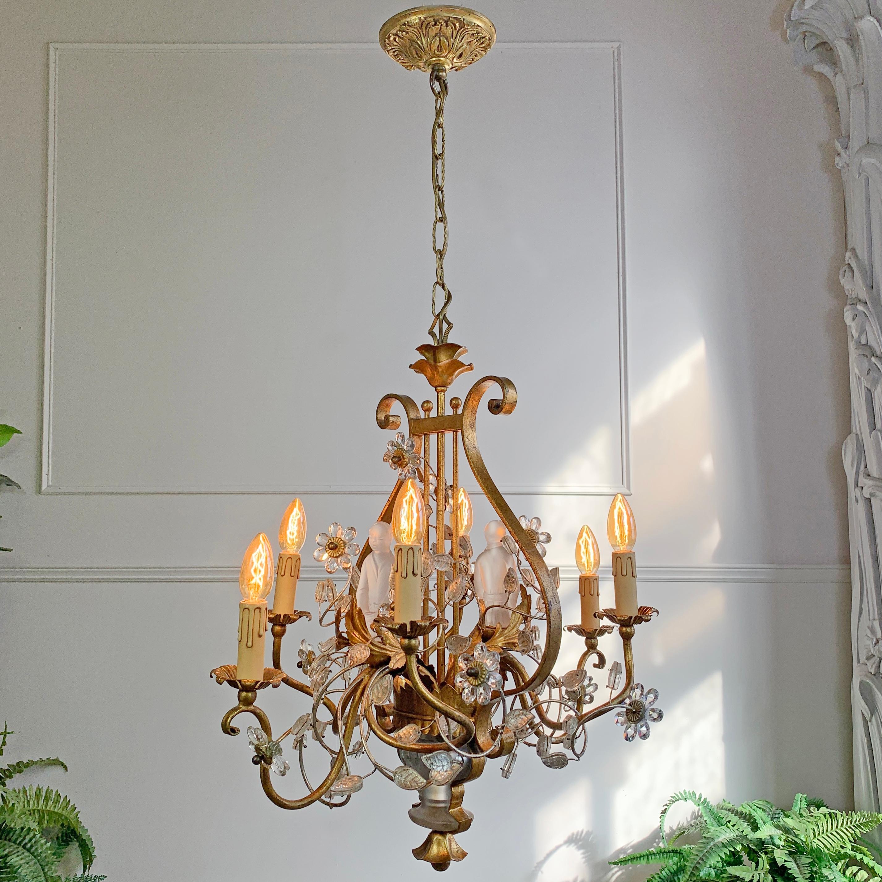 Italian Banci Firenze Gold Crystal Chinoiserie Chandelier For Sale