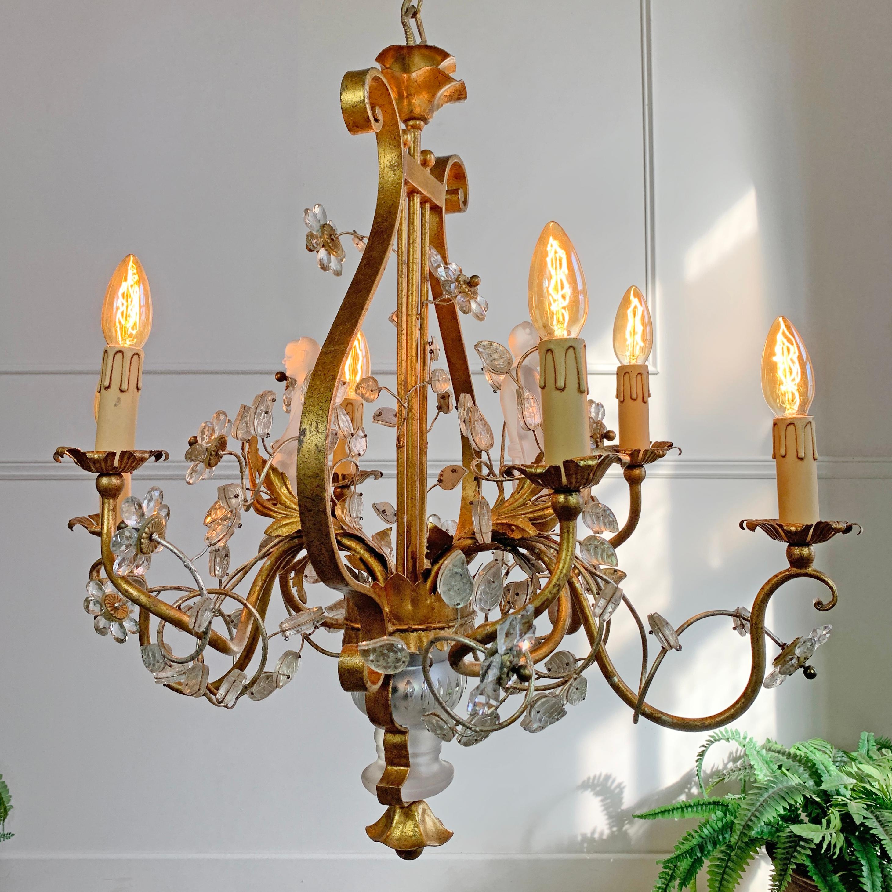 Mid-20th Century Banci Firenze Gold Crystal Chinoiserie Chandelier For Sale
