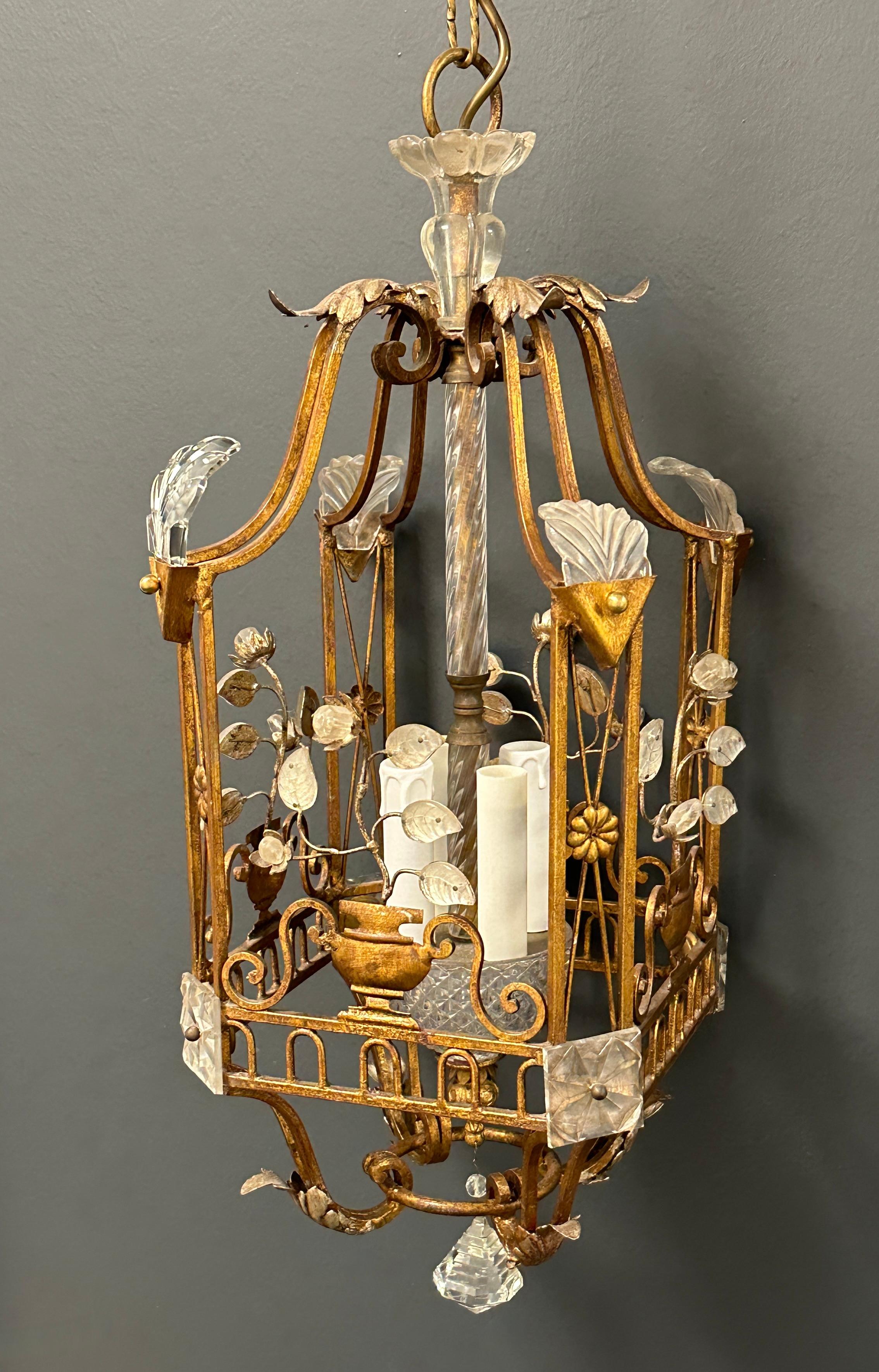 French Maison Baguès Gilt Iron and Crystal Lantern Chandelier, France, 1950's