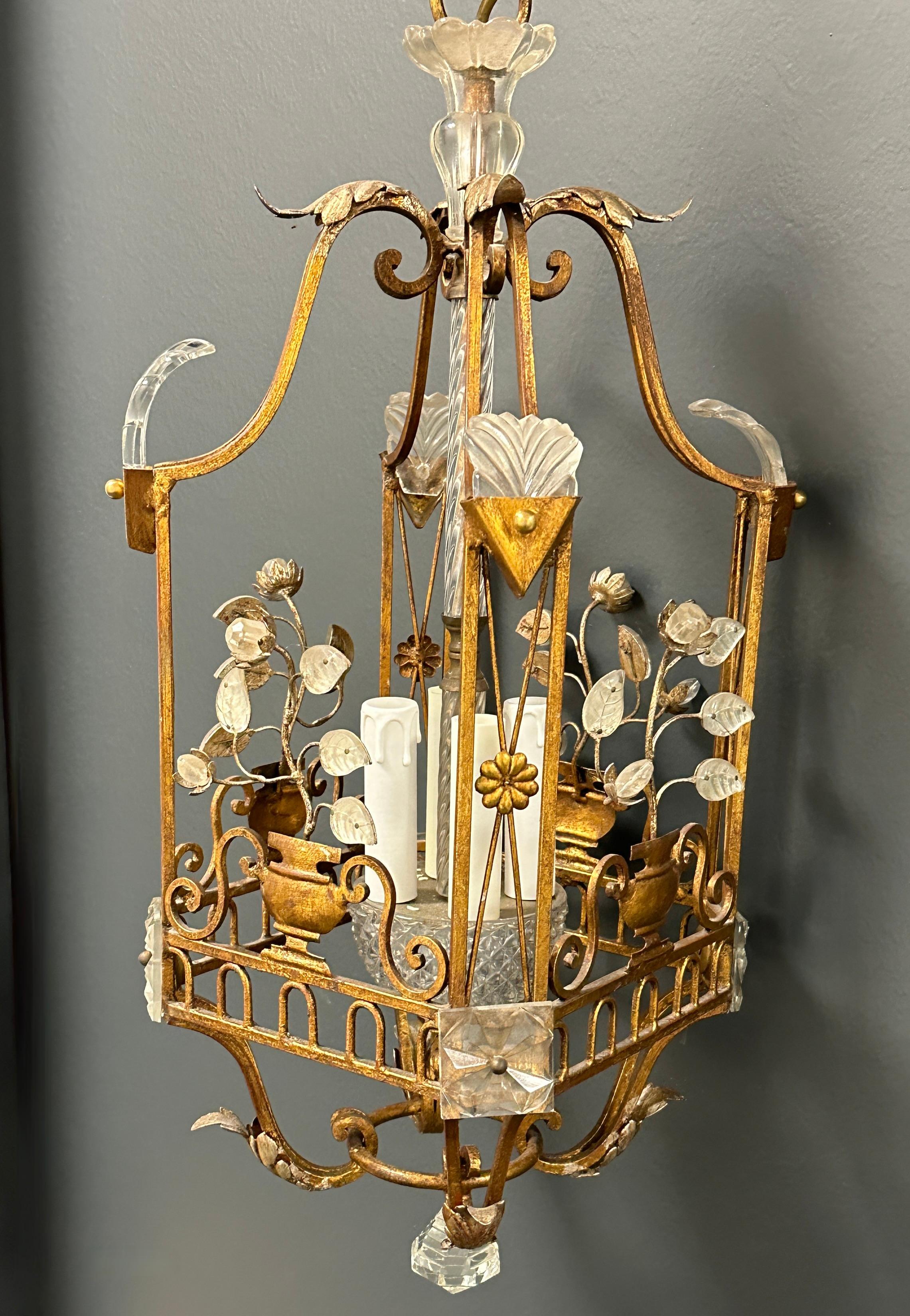 Maison Baguès Gilt Iron and Crystal Lantern Chandelier, France, 1950's In Good Condition In Nuernberg, DE