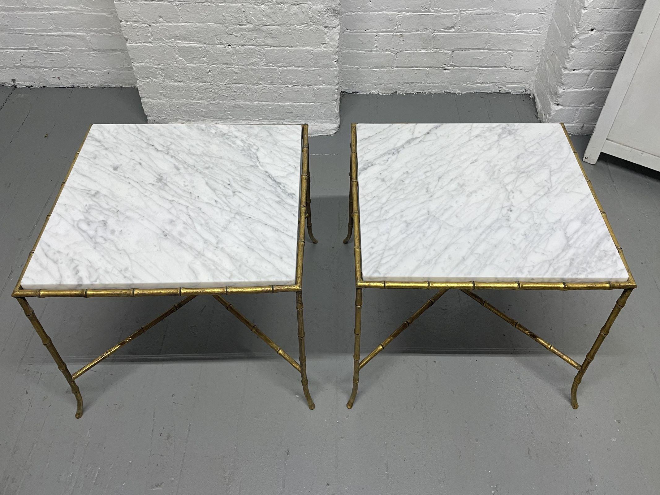 Directoire Maison Bagues Gilt Iron Carrara Marble Top Side Tables