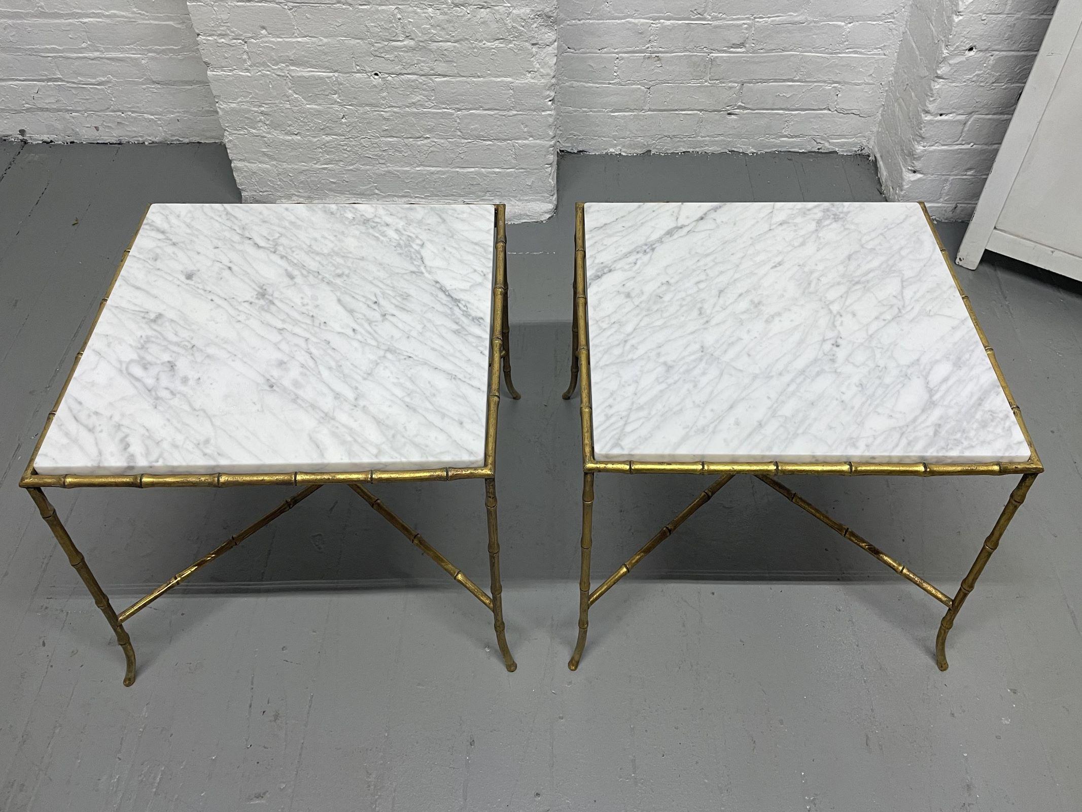 Directoire Maison Bagues Gilt Iron Carrara Marble Top Side Tables For Sale