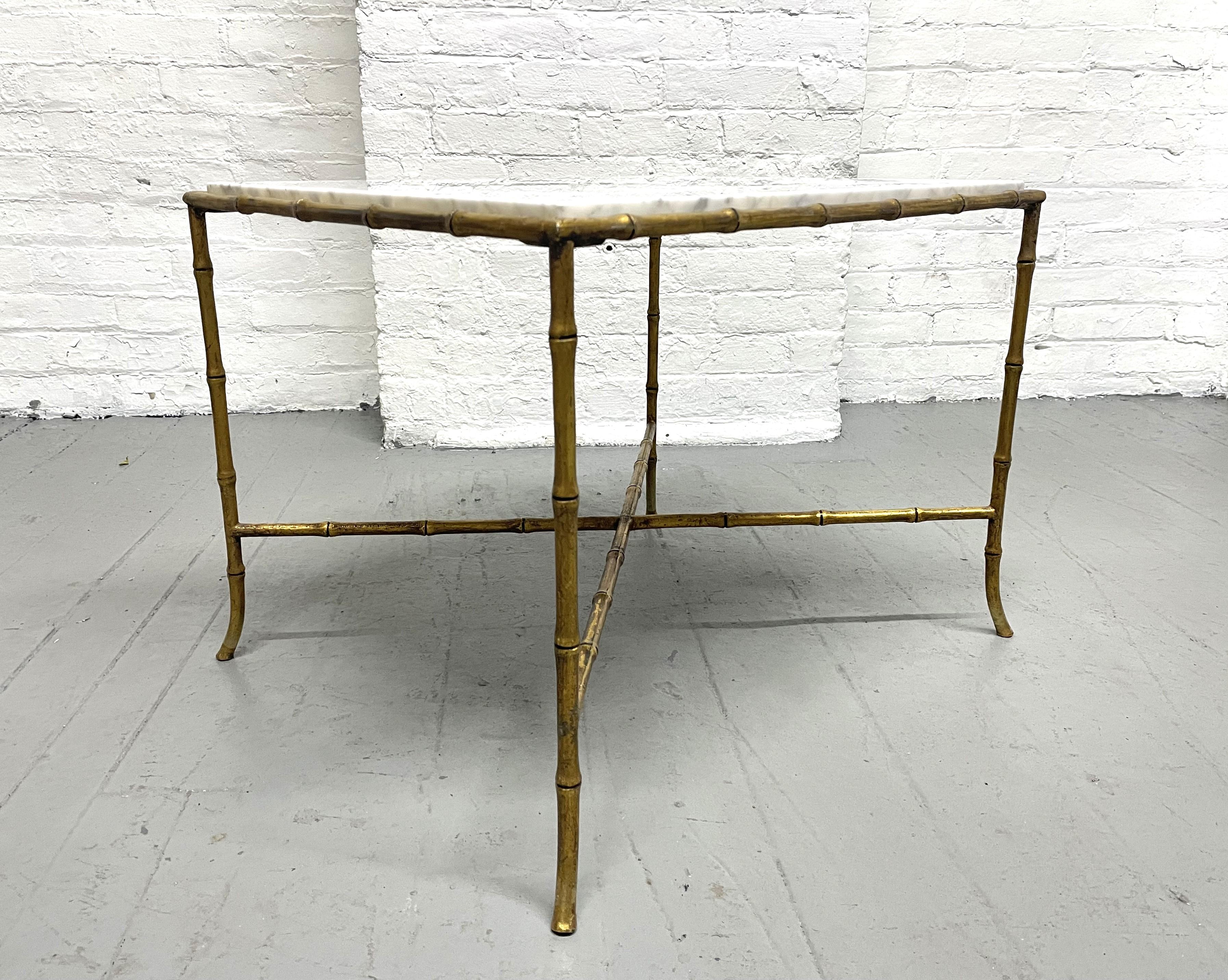 French Maison Bagues Gilt Iron Carrara Marble Top Side Tables For Sale