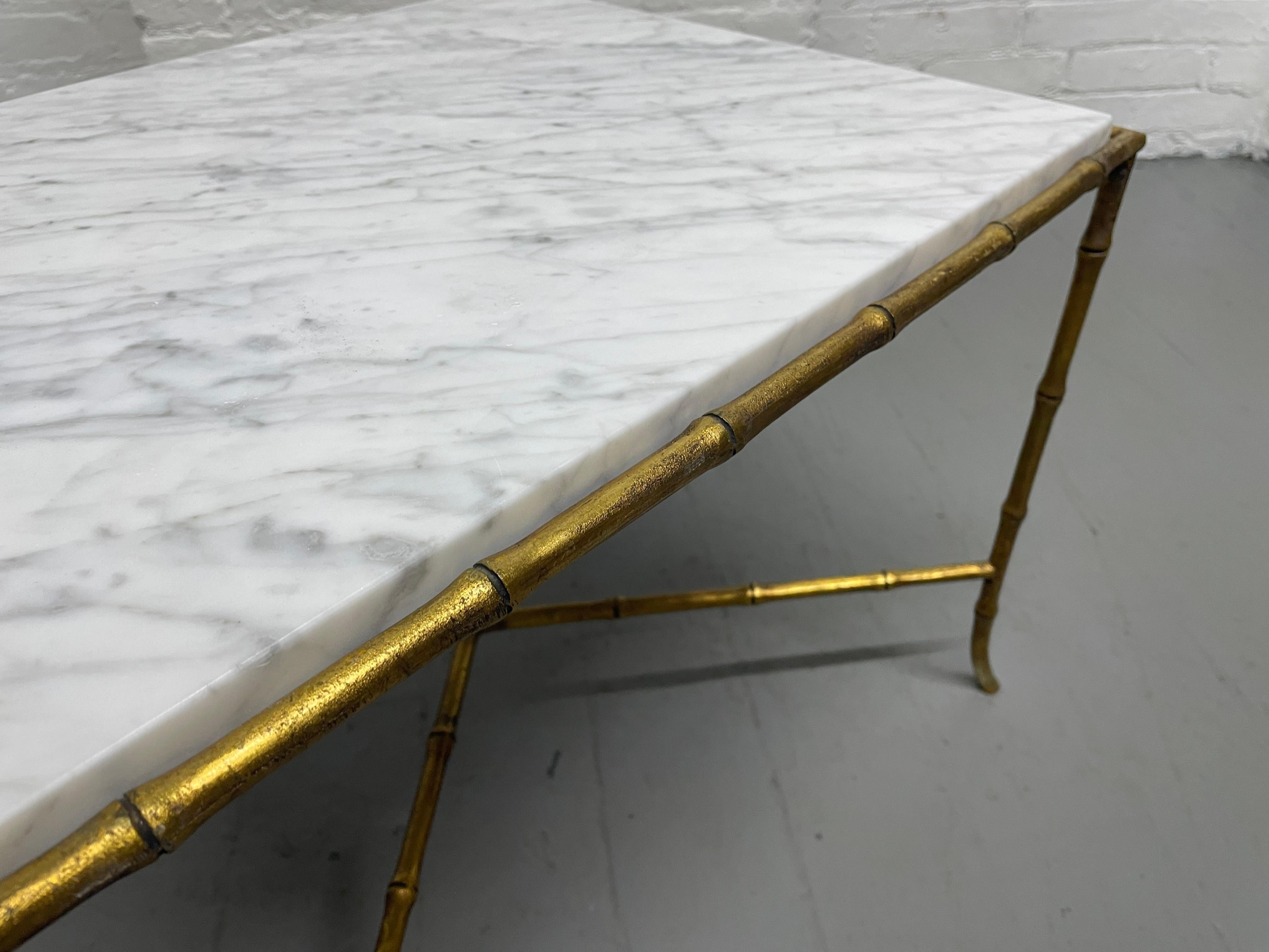 Maison Bagues Gilt Iron Carrara Marble Top Side Tables In Good Condition For Sale In New York, NY