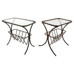 Maison Bagues Gilt Iron Faux Bamboo Drinks Side Tables with Magazine Rack, Pair