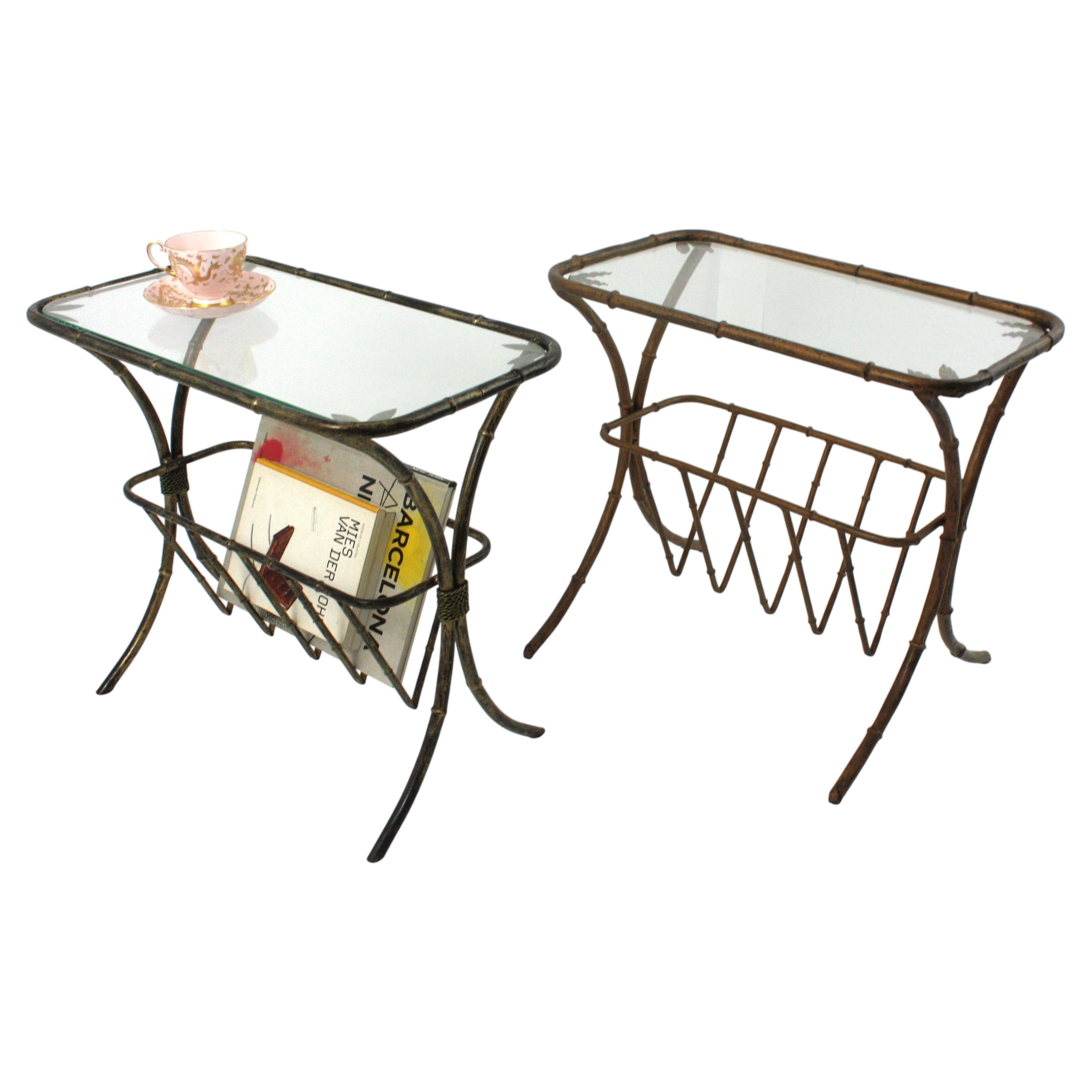 Maison Bagues Gilt Iron Faux Bamboo Drinks Side Tables with Magazine Rack, Pair