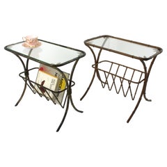 Maison Bagues Gilt Iron Faux Bamboo Drinks Side Tables with Magazine Rack, Pair