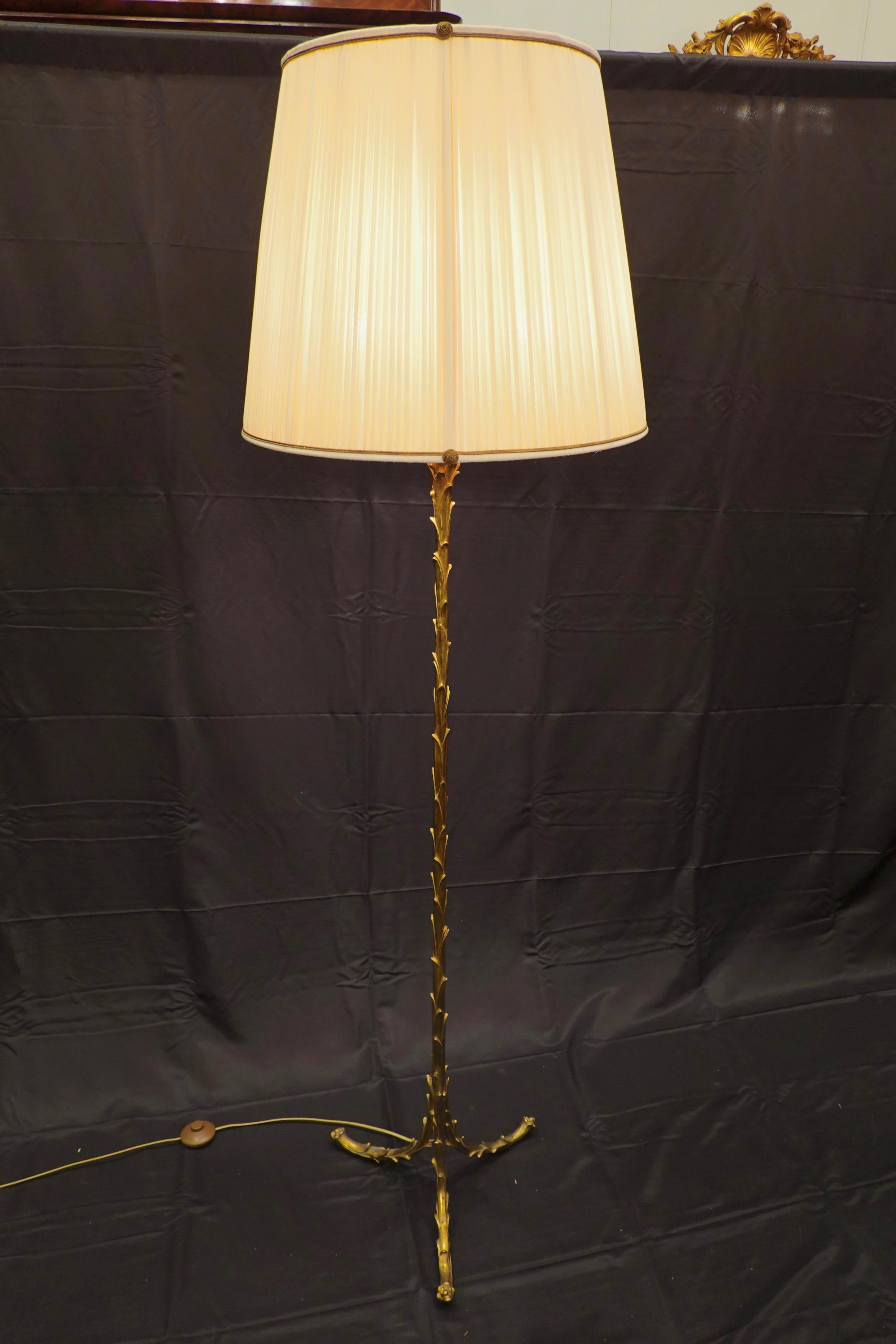 Mid-Century Modern Maison Baguès Giltbronze Palm Frond Floor Lamp with Custom Silk Shade