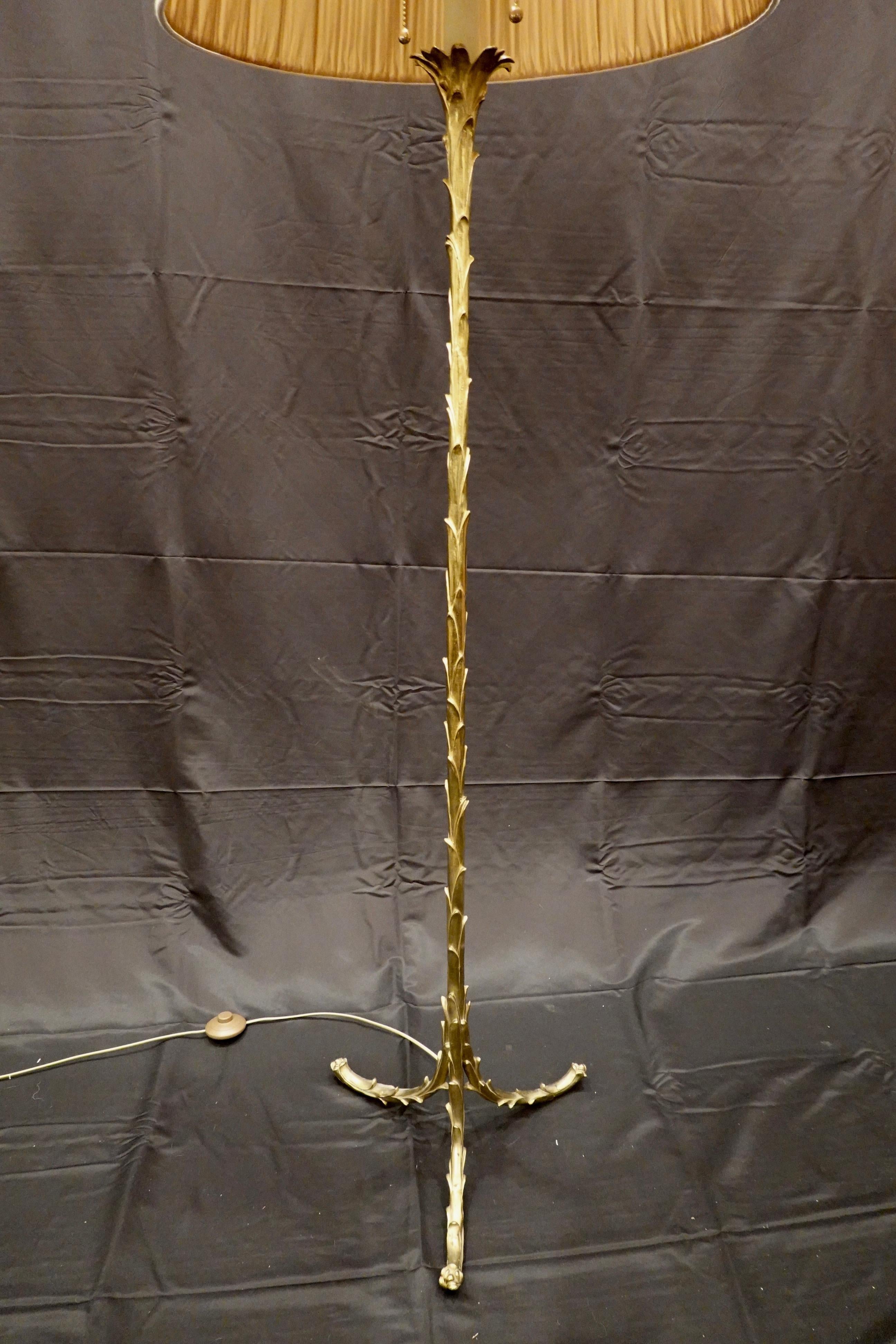 French Maison Baguès Giltbronze Palm Frond Floor Lamp with Custom Silk Shade