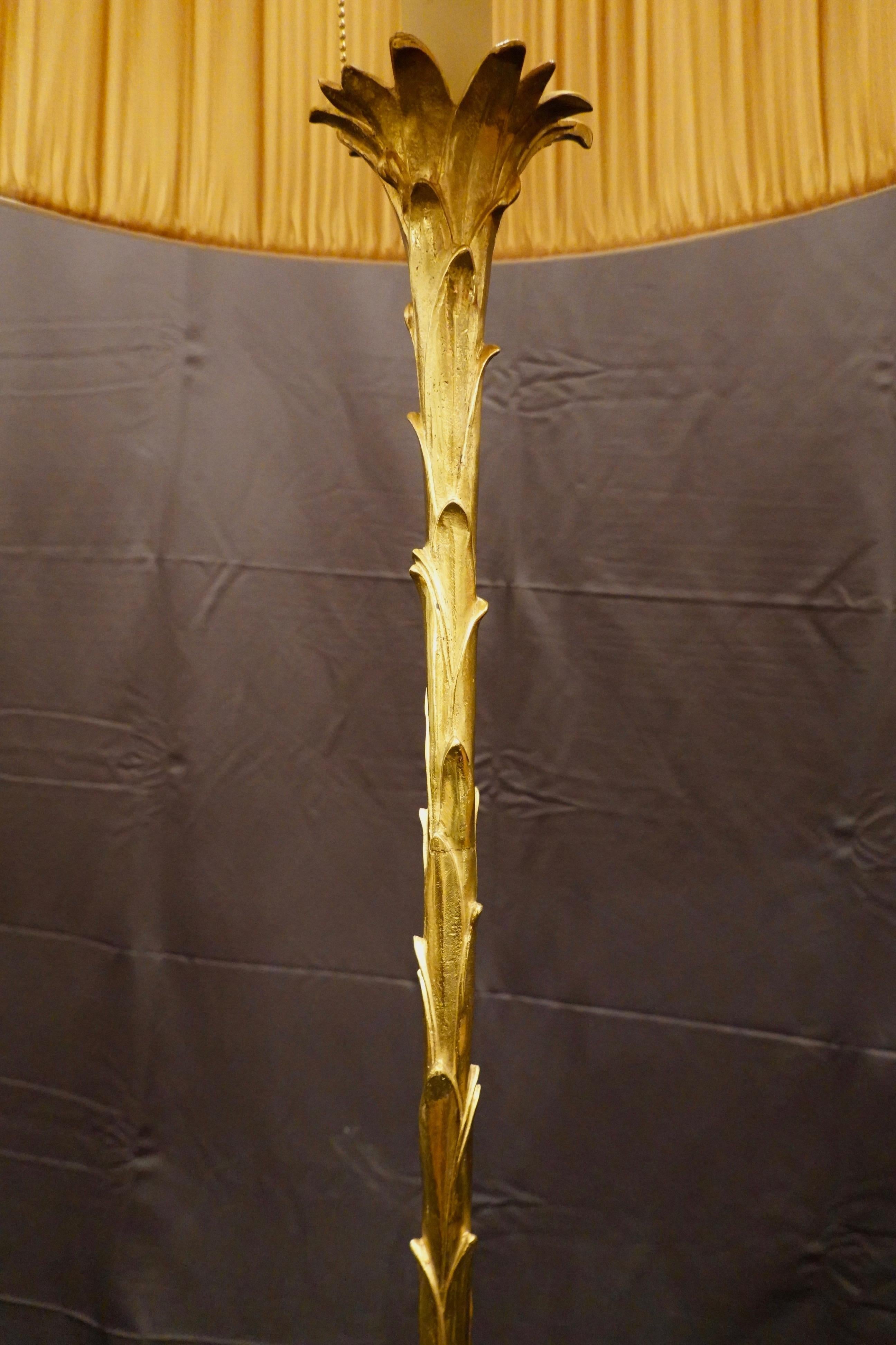 Maison Baguès Giltbronze Palm Frond Floor Lamp with Custom Silk Shade In Good Condition In Pembroke, MA