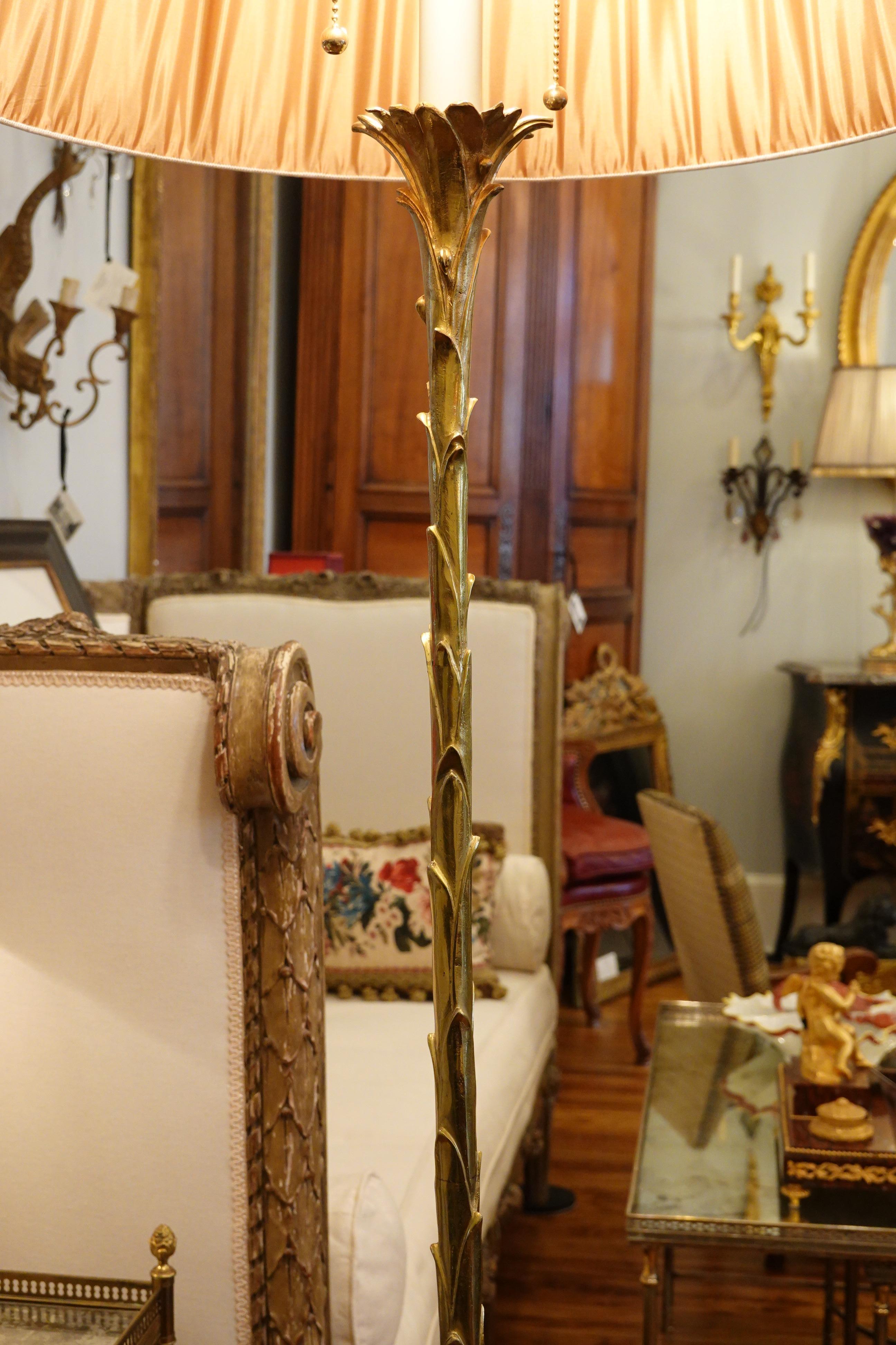 20th Century Maison Baguès Giltbronze Palm Frond Floor Lamp with Custom Silk Shade