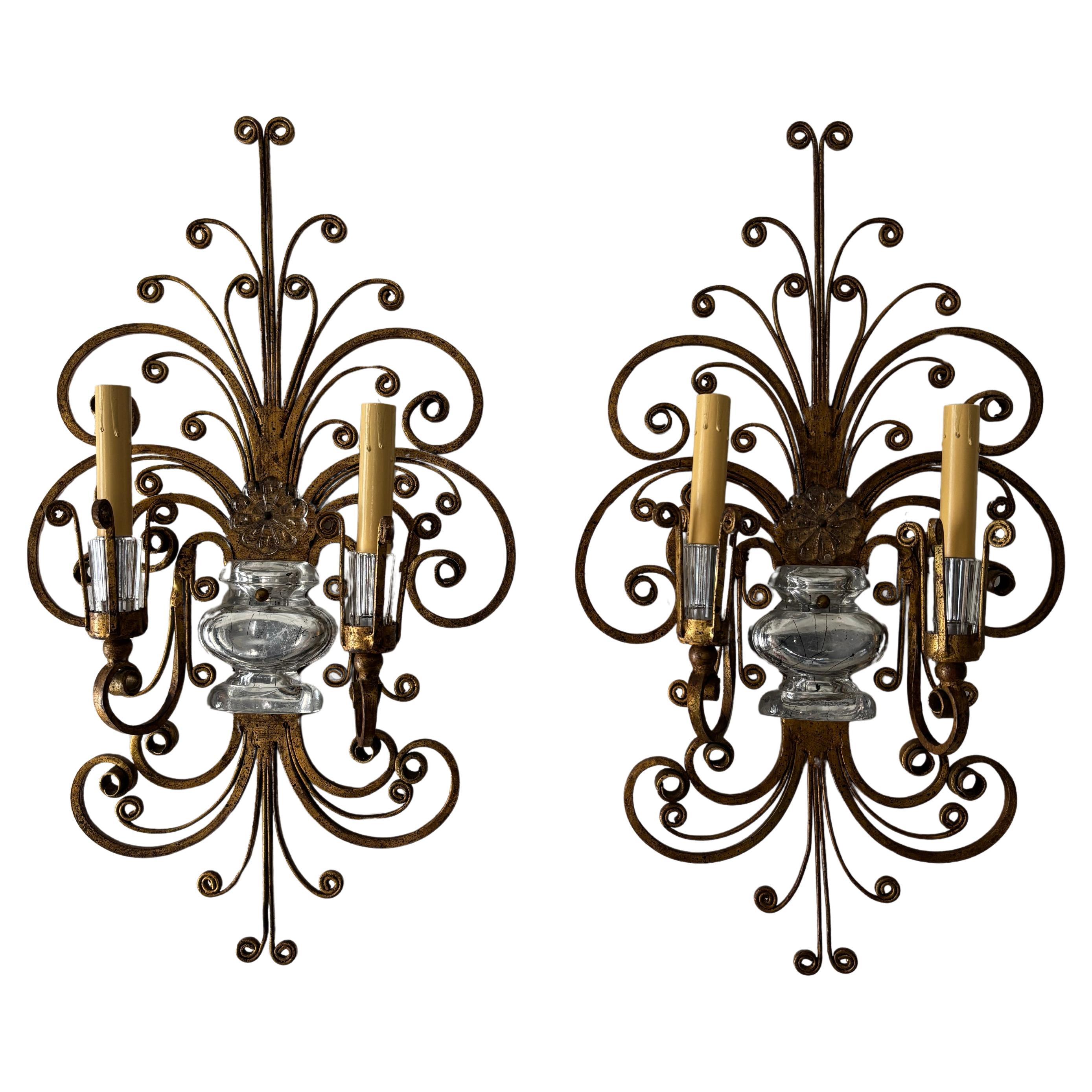 Maison Bagues Gold Crystal Flower Urn French Sconces, c 1940