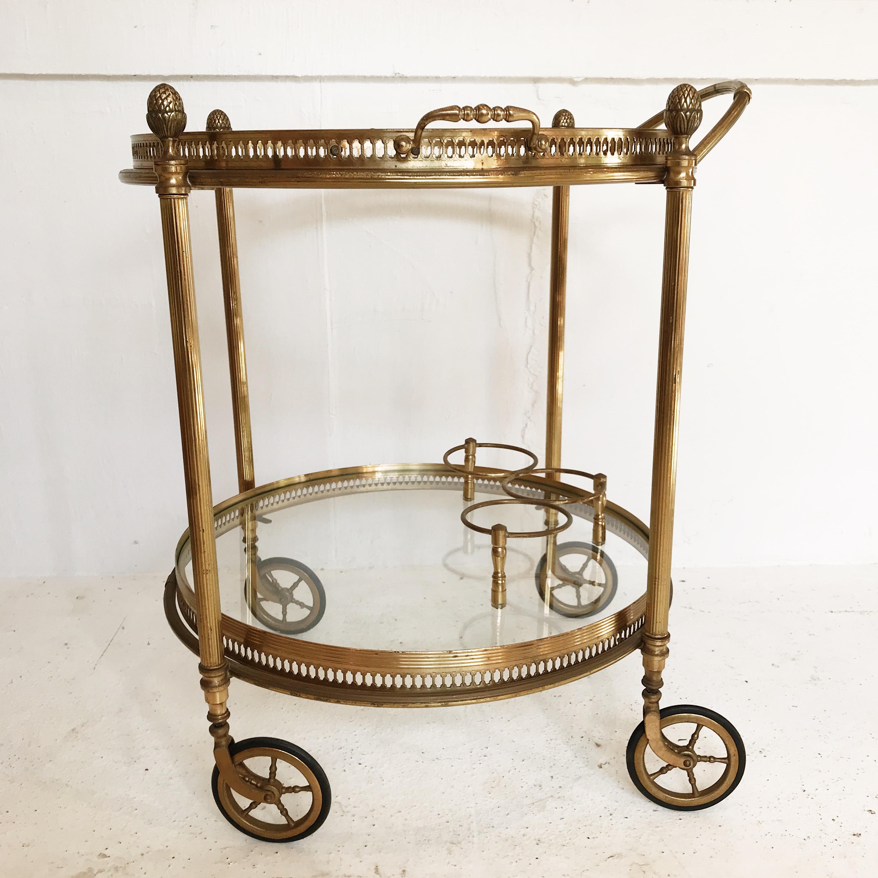 Neoclassical Maison  Baguès Gold-Plated Brass Drinks Cart with Removable Glass Serving Trays