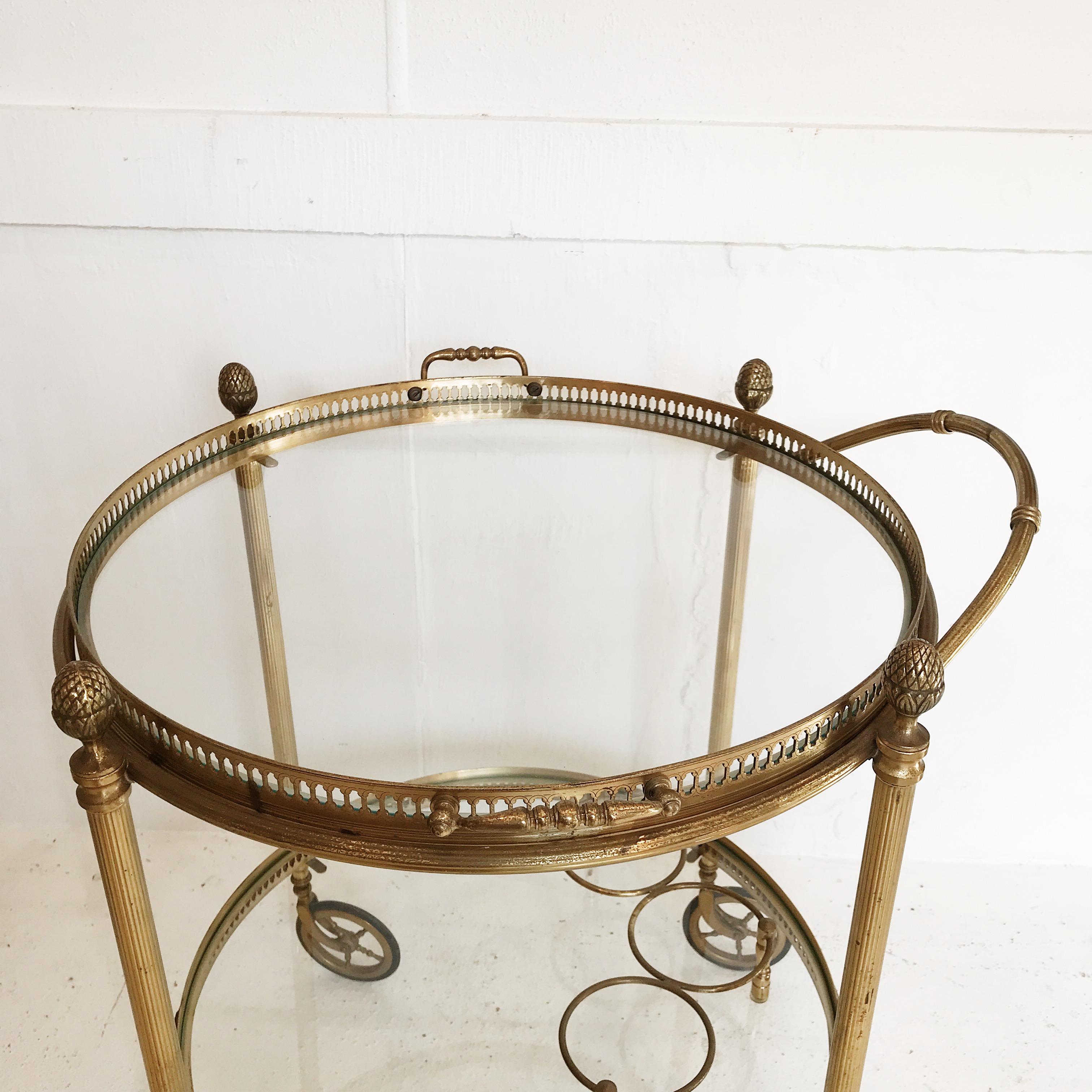 French Maison  Baguès Gold-Plated Brass Drinks Cart with Removable Glass Serving Trays