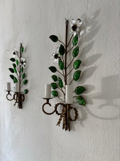 Maison Baguès Green Leaves Clear Flowers Crystal Sconces, circa 1920 Signed Rare