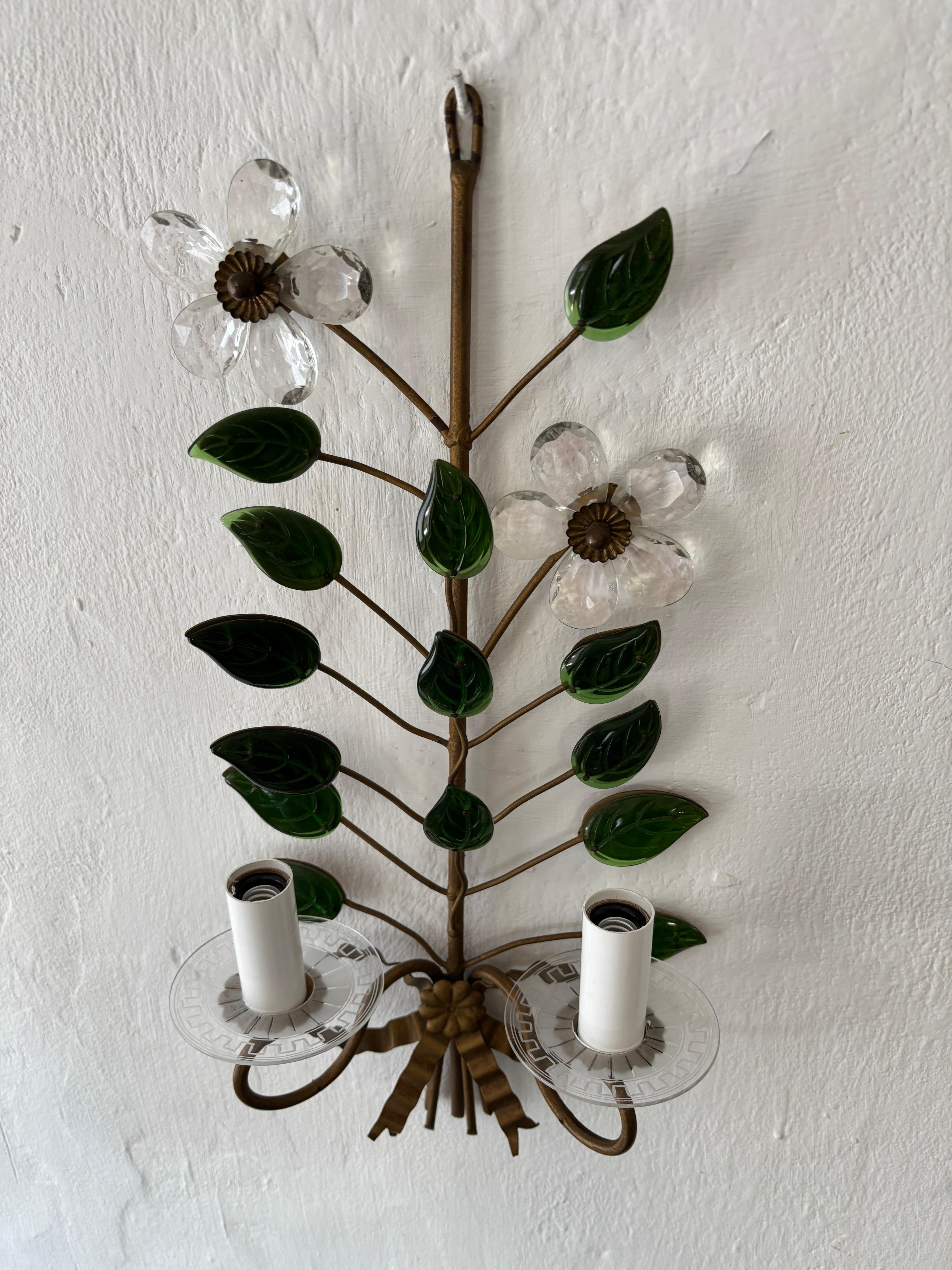 Maison Baguès Grüne Blätter Klare Blumen Kristall Wandleuchter, um 1920 Signiert Selten im Angebot 3