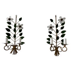 Maison Baguès Green Leaves Clear Flowers Crystal Sconces, circa 1920 Signed Rare