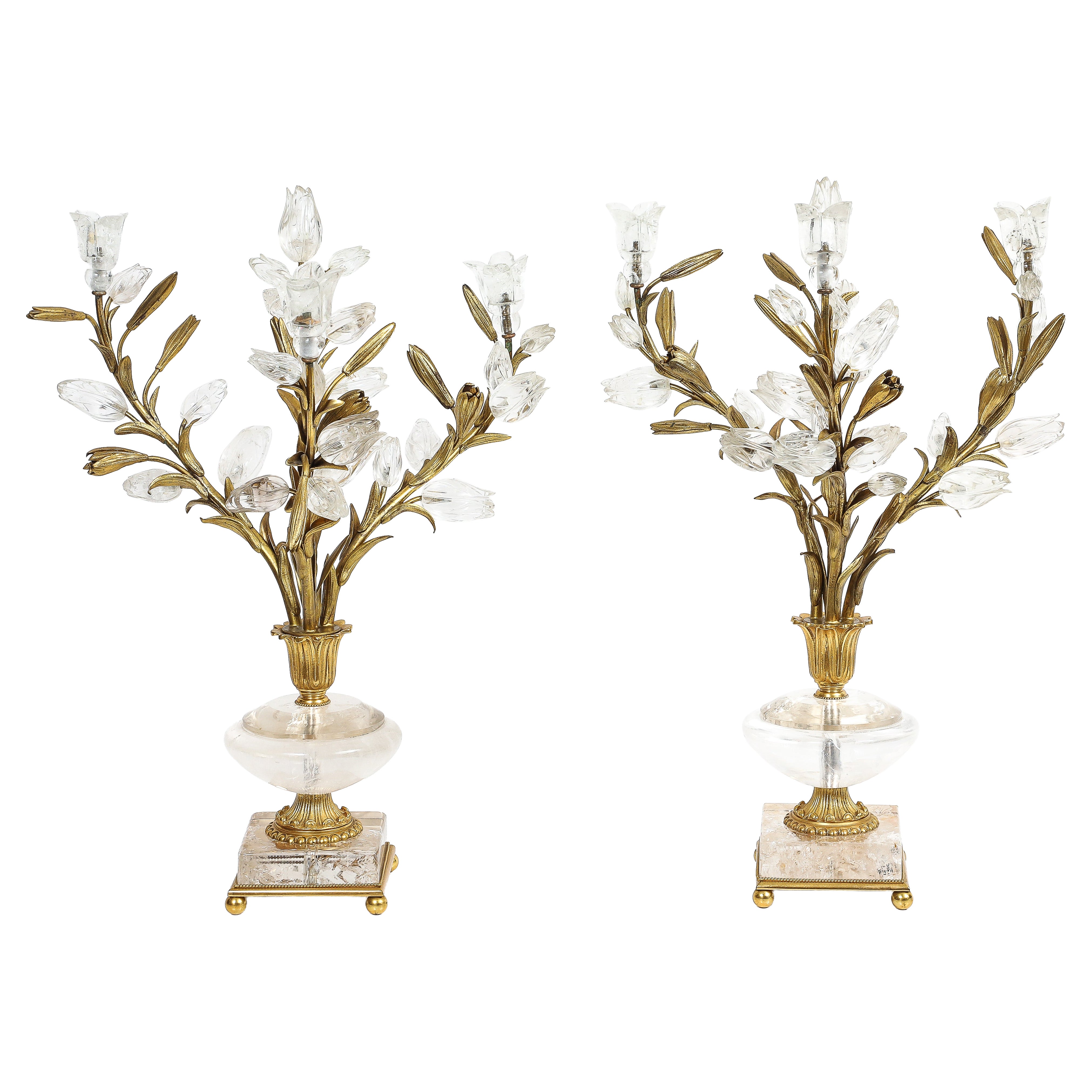 Maison Baguès, Important Pair, Ormolu & Rock Crystal Flower Pot Form Candelabra