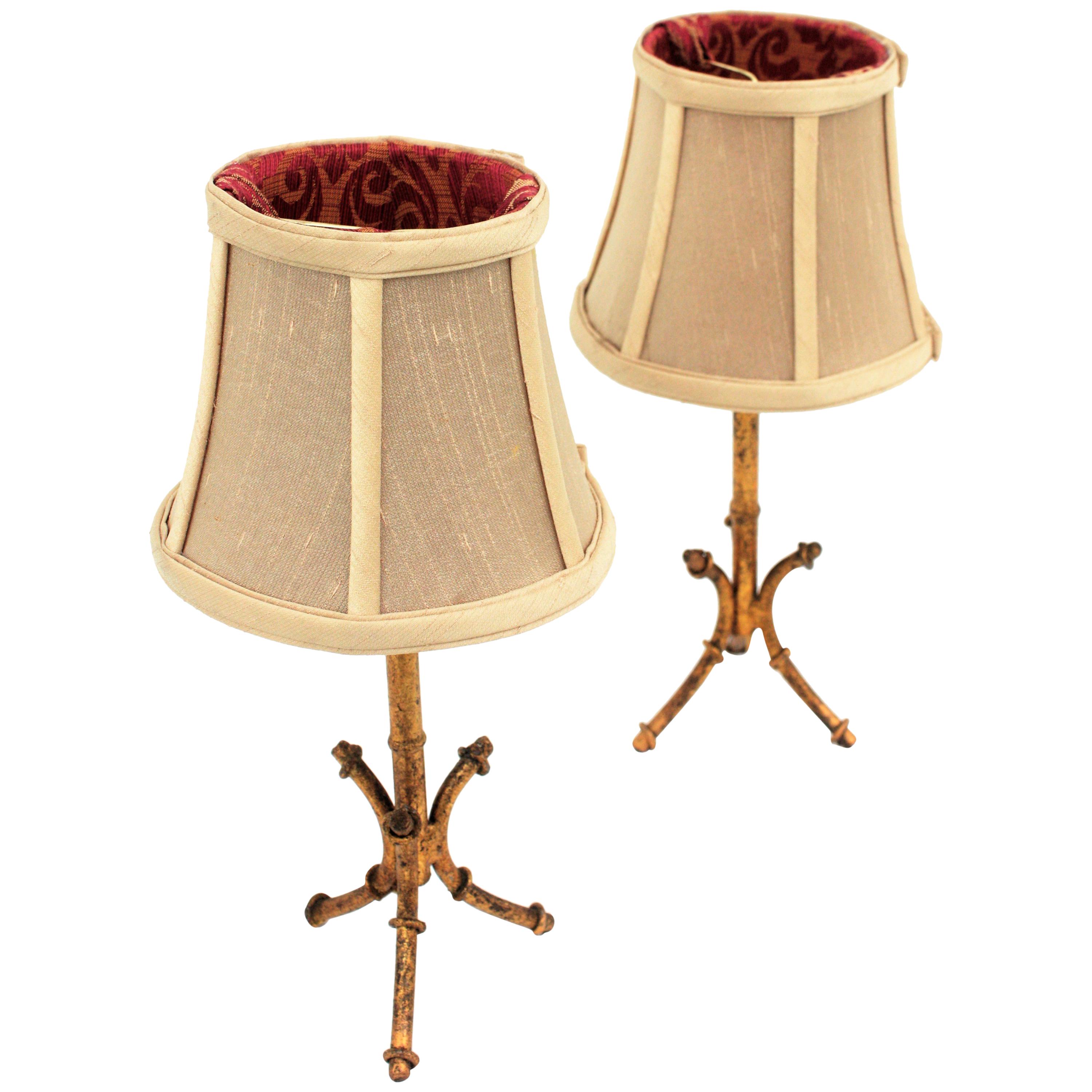 Pair of Faux Bamboo Gilt Iron Tripod Table Lamps, Maison Bagues Style For Sale 11