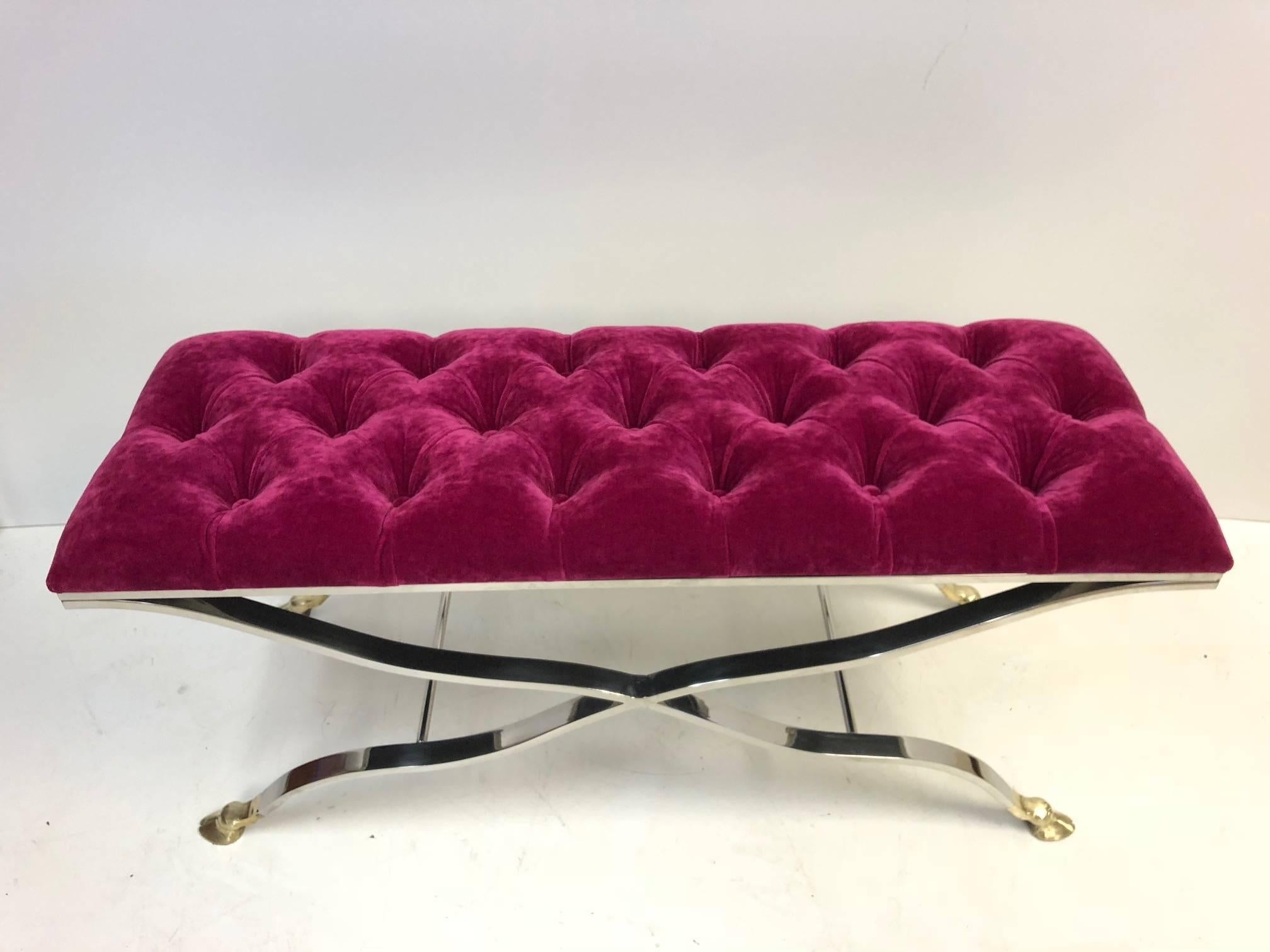 Directoire Maison Baguès Iron and Bronze Tufted Mohair Fabric Bench For Sale