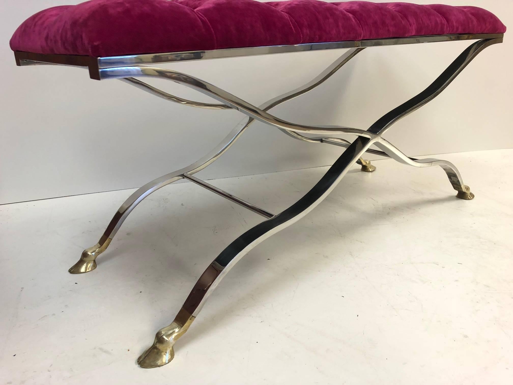 Maison Baguès Iron and Bronze Tufted Mohair Fabric Bench In Good Condition For Sale In New York, NY