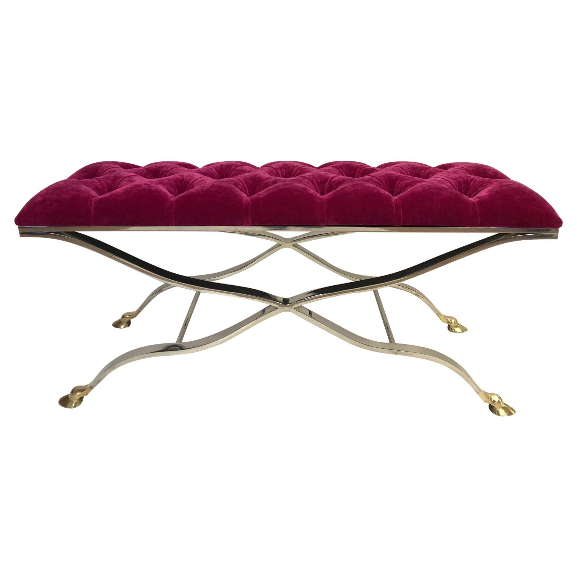 Maison Baguès Iron and Bronze Tufted Mohair Fabric Bench For Sale