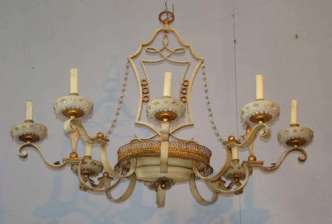 French Maison Baguès, Lacquered and Gilt Sheet Metal Chandelier, circa 1950 For Sale