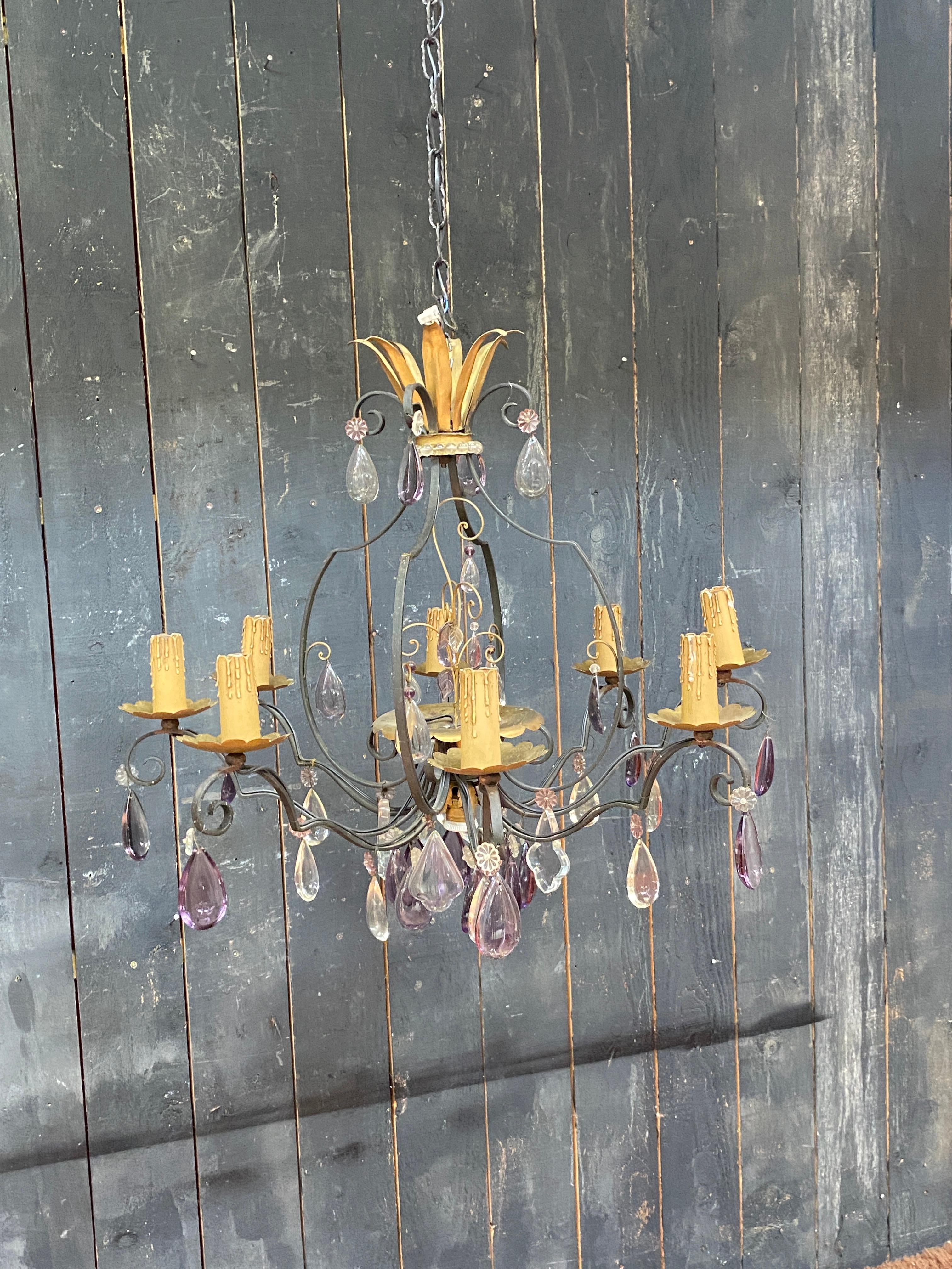 Elegante lampadario in bronzo e cristallo di Maison Baguès.