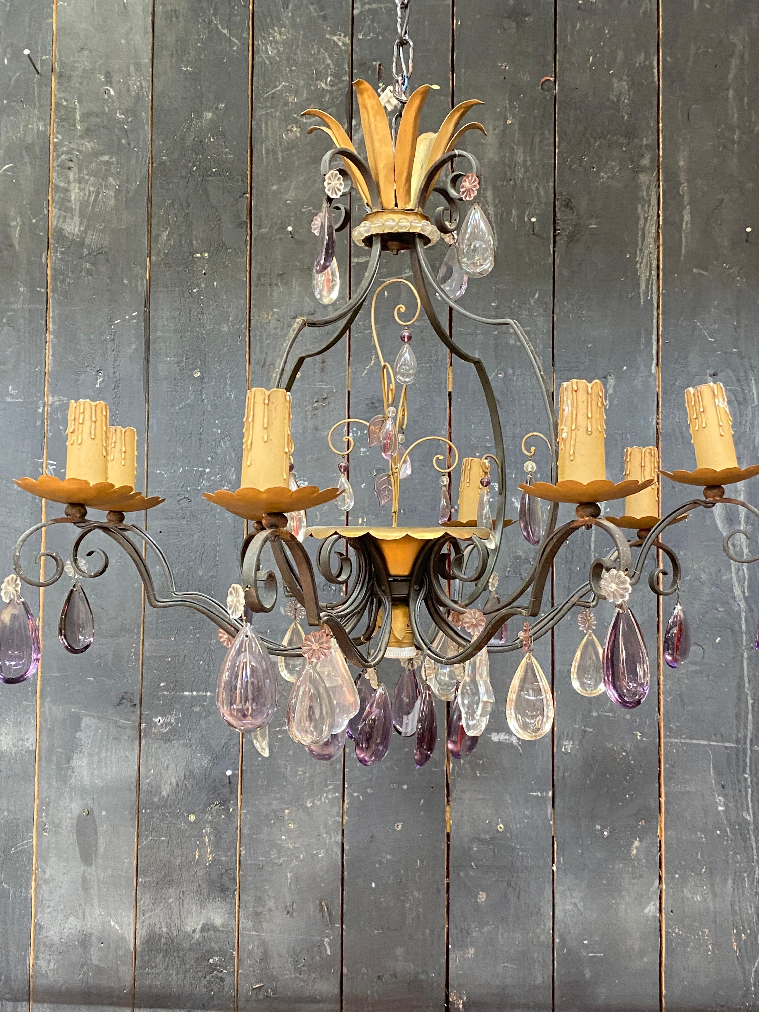 Francese Lampadario grande in bronzo e cristallo Maison Baguès in vendita
