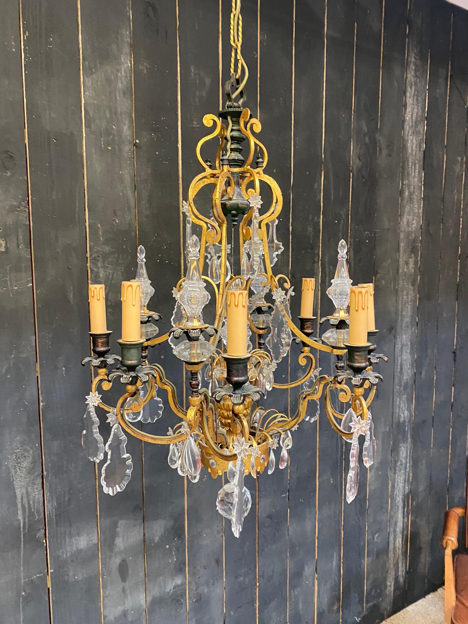 French Maison Baguès Large Bronze and Crystal Chandelier For Sale
