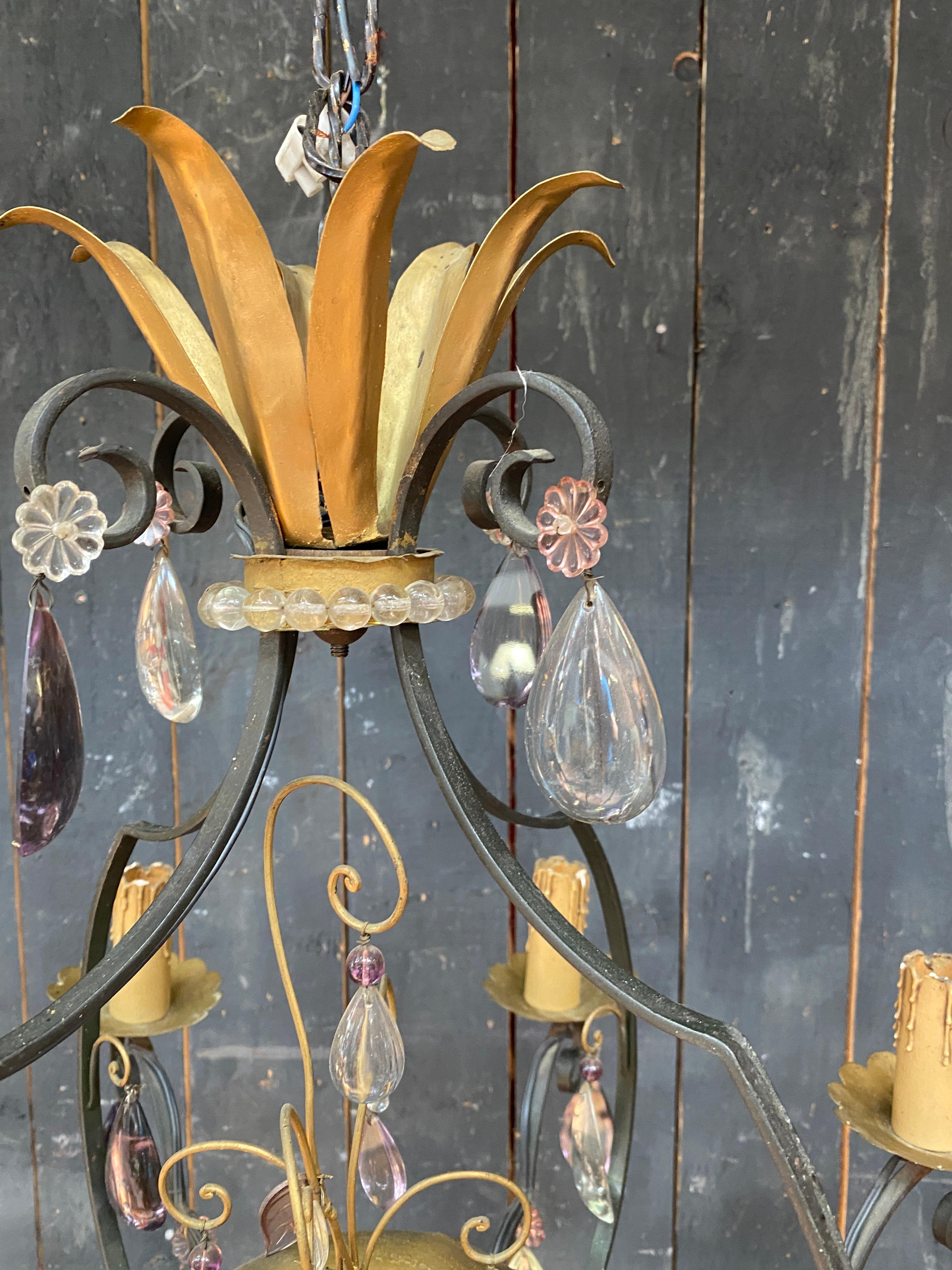 Metà XX secolo Lampadario grande in bronzo e cristallo Maison Baguès in vendita