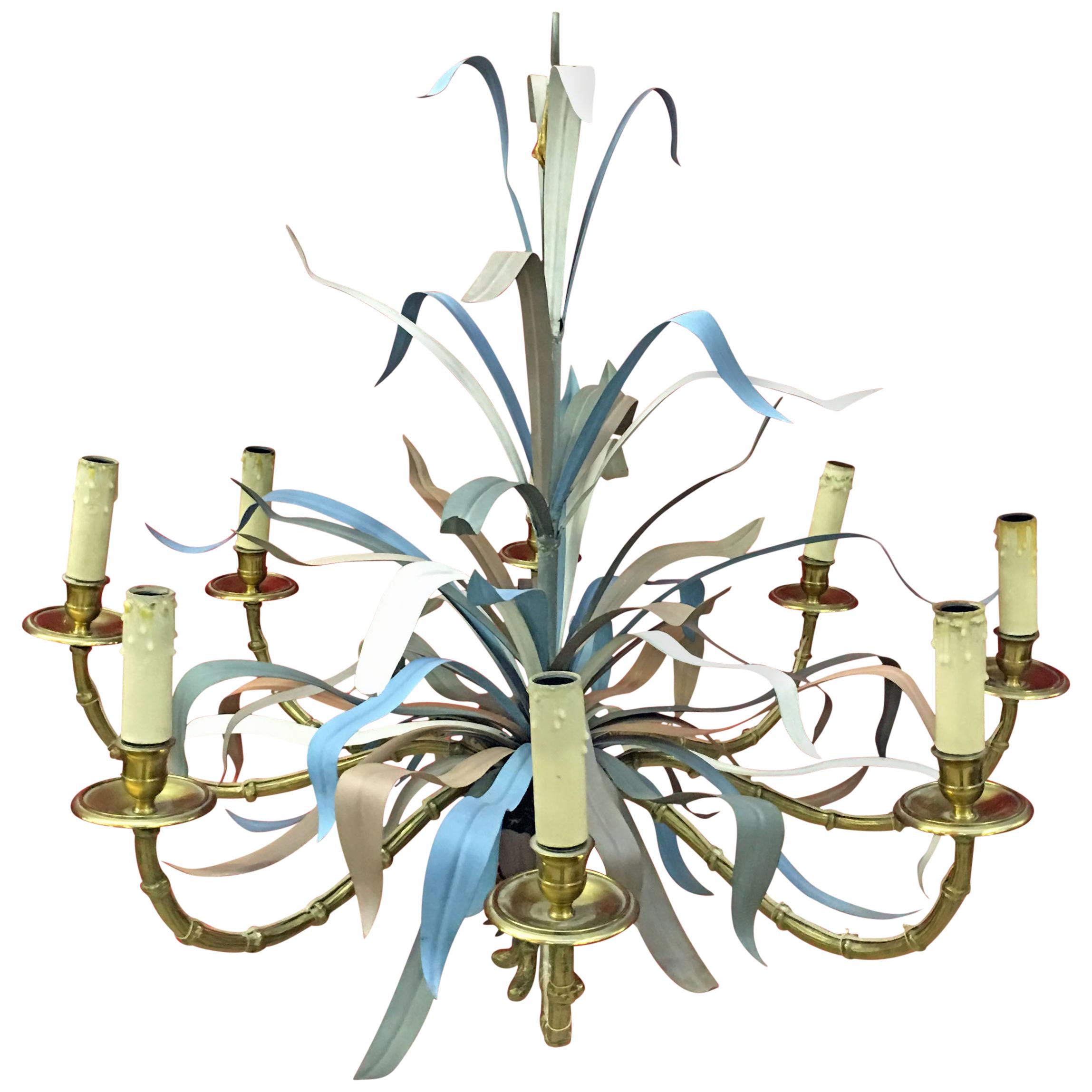 Maison Baguès, Large Chandelier in Gilded Bronze and Lacquered Metal circa 1950