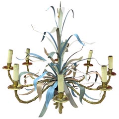 Retro Maison Baguès, Large Chandelier in Gilded Bronze and Lacquered Metal circa 1950