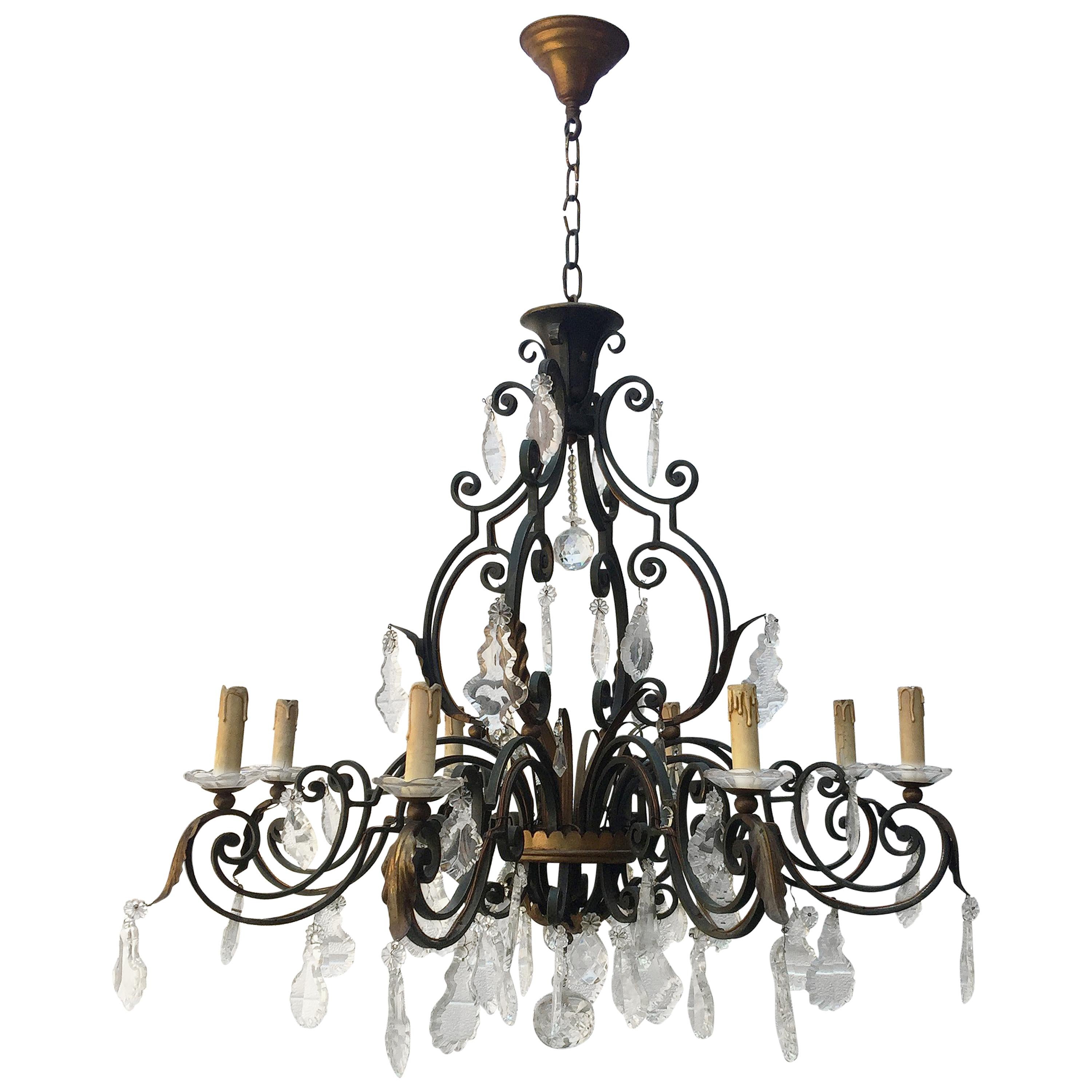 Maison Baguès, Large French Chandelier in Wrought Iron, Crystal and Glass