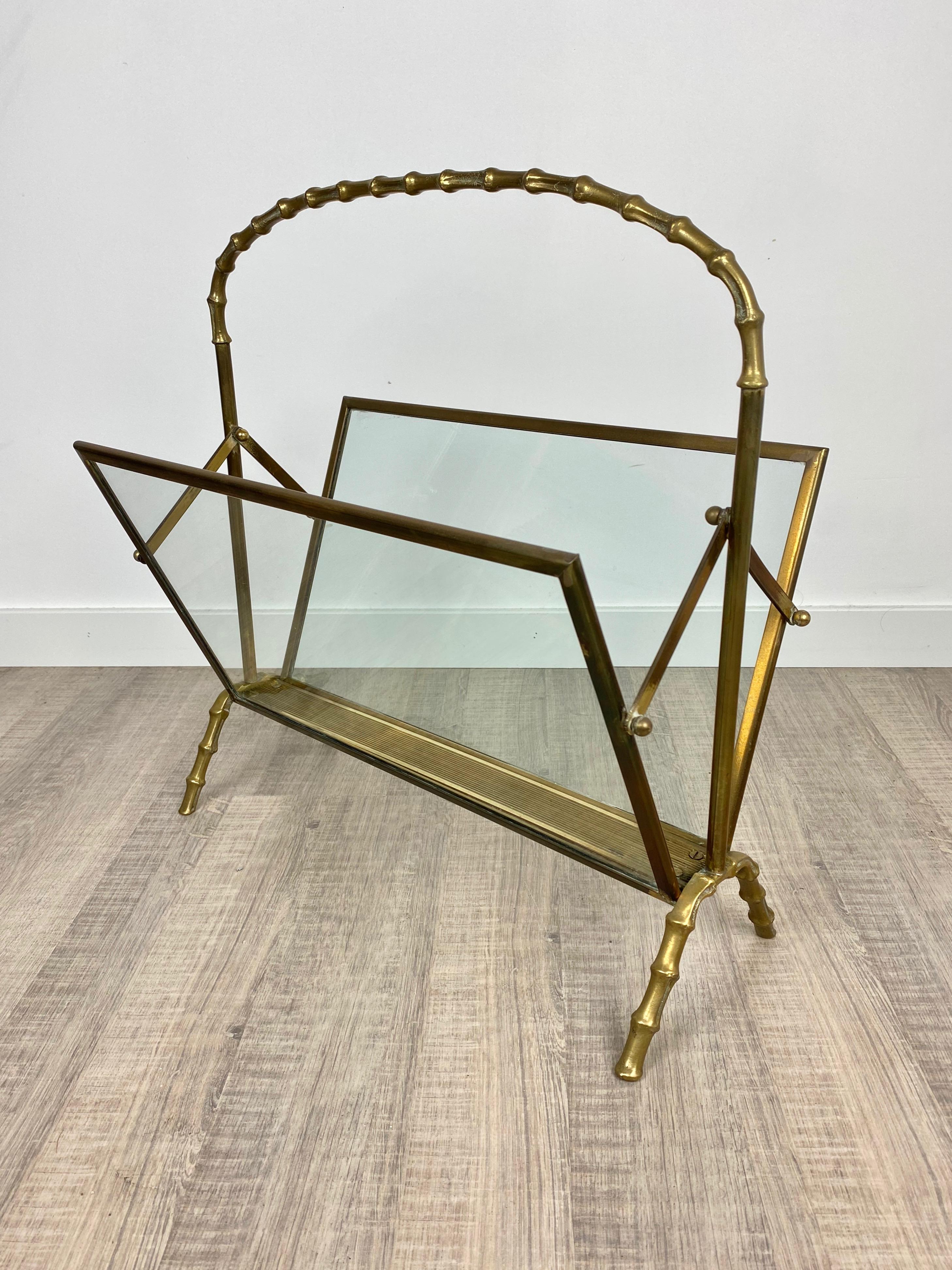 Mid-Century Modern Maison Baguès Magazine Rack Stand Faux Bamboo Brass Glass, France, 1950s For Sale